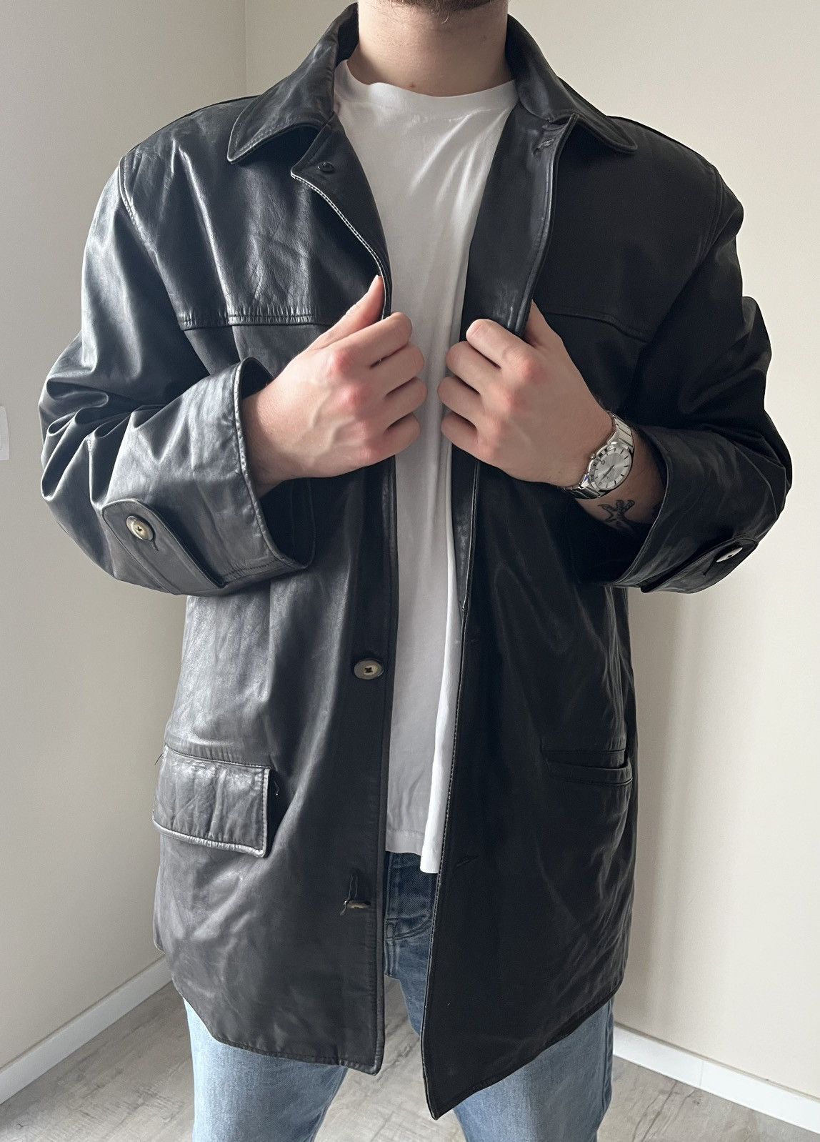 Genuine Leather Vintage leather trench coat jacket y2k Size US XL / EU 56 / 4 - 1 Thumbnail