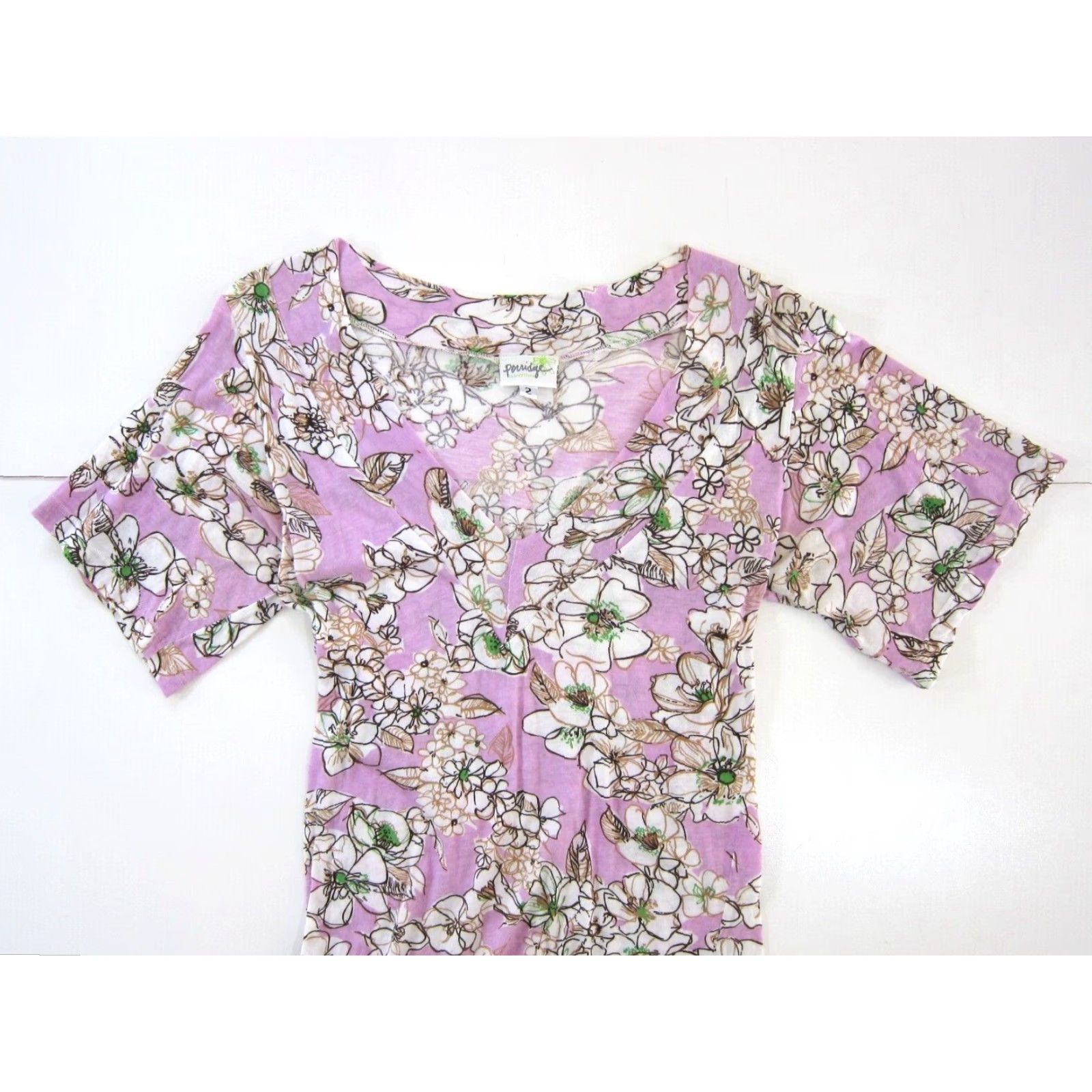Anthropologie Porridge Laura Stang Anthropologie Cotton Purple White Floral V-Neck T-Shirt 2 Size XS / US 0-2 / IT 36-38 - 5 Thumbnail