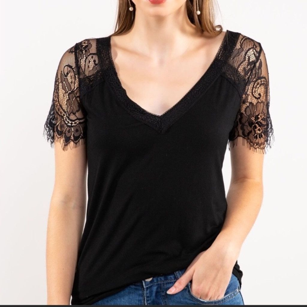Other Black Lace Eyelash Hem Sleeved V-Neck Tee Size S / US 4 / IT 40 - 3 Thumbnail
