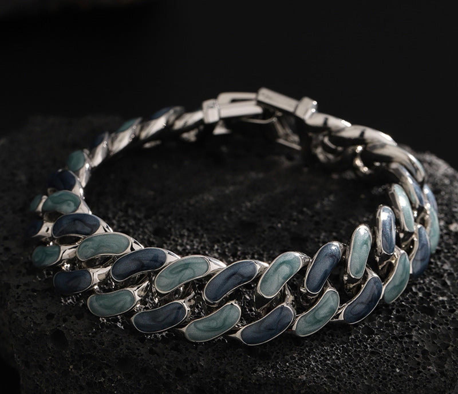 Jewelry Silver Blue Chain Link Bracelet, Chunky Metal Bracelet Size ONE SIZE - 3 Thumbnail