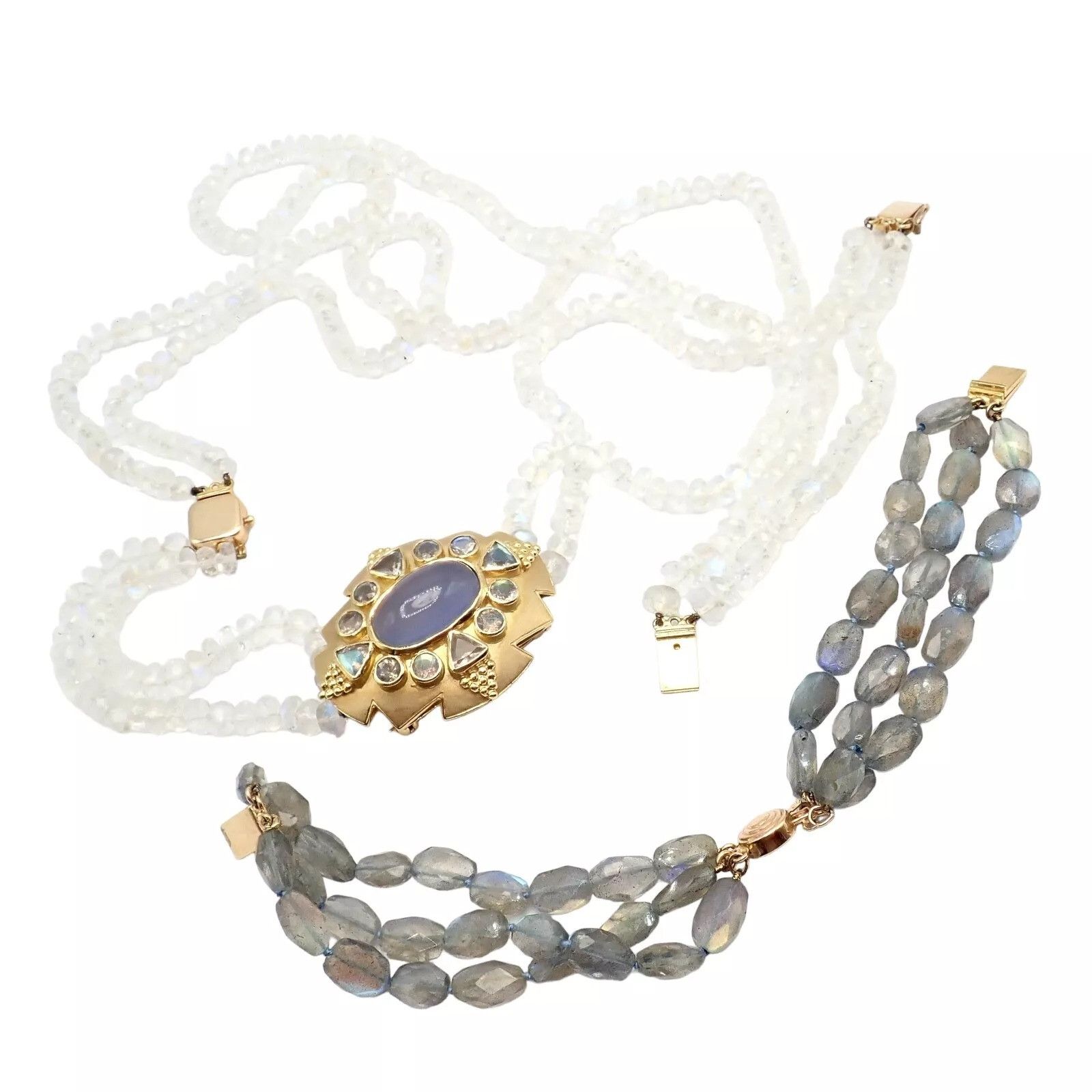 Vintage 18k Gold Set Moonstone Chalcedony Brooch Bracelet Necklace Size ONE SIZE - 9 Thumbnail