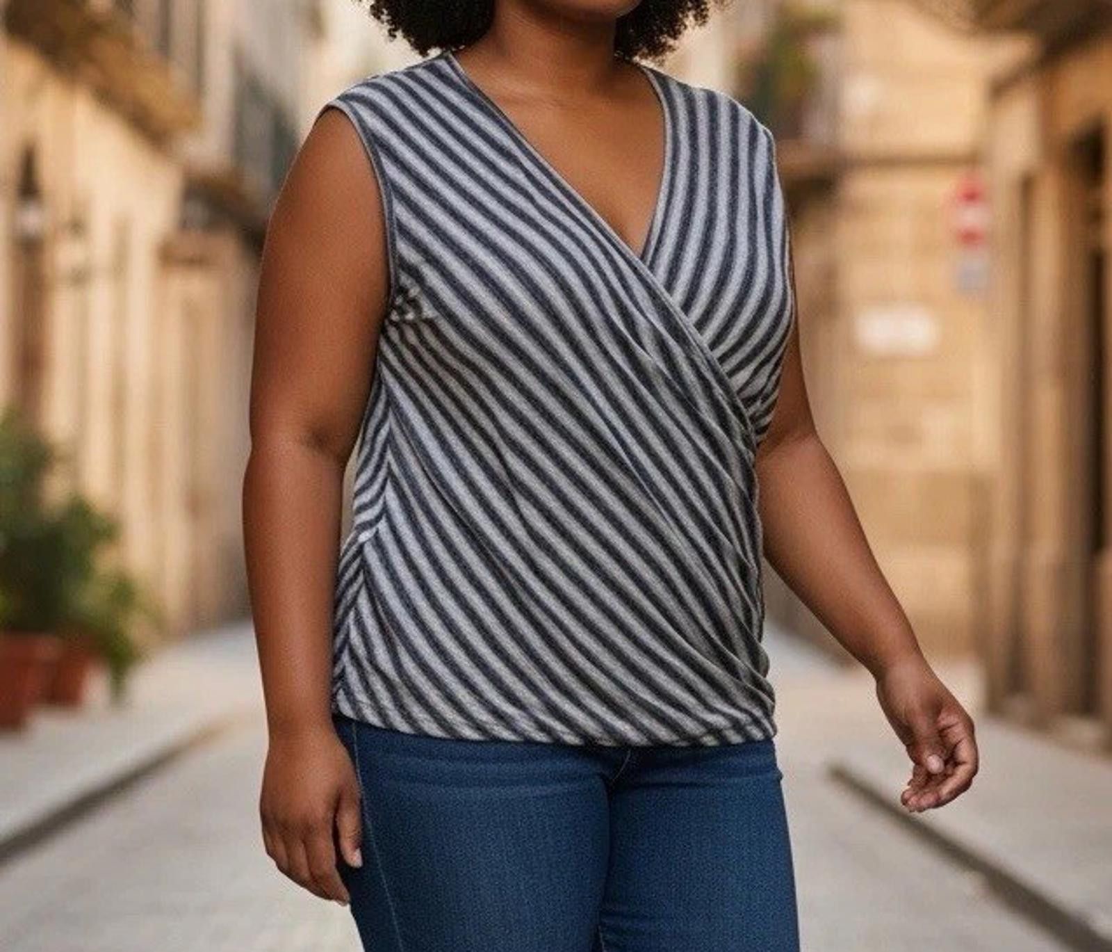 Other Suzanne Betro 3X Stripe Surplice Drape Top Blue Gray Size 3XL / US 20-22 - 1 Thumbnail