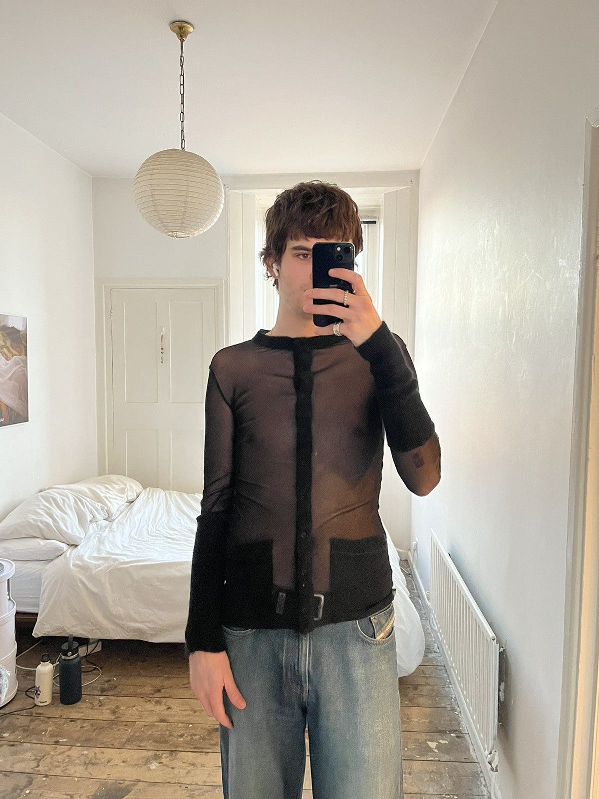 image of Jean Paul Gaultier Long Sleeve Wool Arm Mesh Shirt in Black, Men's (Size Medium)