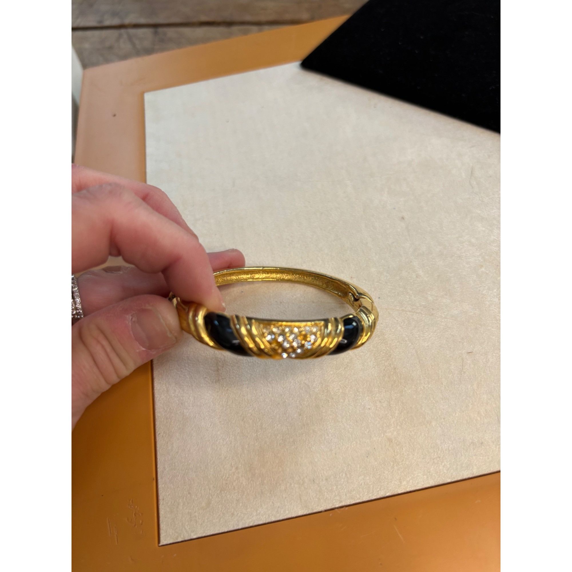 Other Gold-Tone Hinged Bangle Bracelet With Black Enamel & Rhinest Size ONE SIZE - 2 Thumbnail