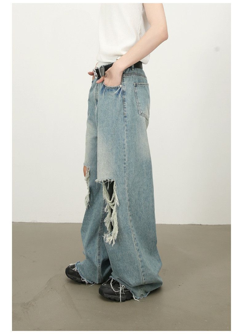Japanese Brand × Jean Japanese retro distressed loose straight ripped tassel jeans Size US 34 / EU 50 - 4 Thumbnail