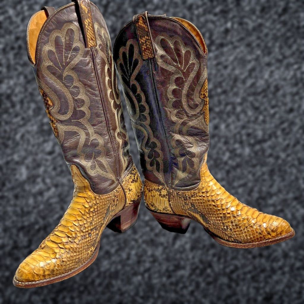 Vintage J Chisholm Cowboy Boots Western Python Snakeskin Black Leather Womens 6.5 Mid-Calf Block Heel Shoes Animal Print