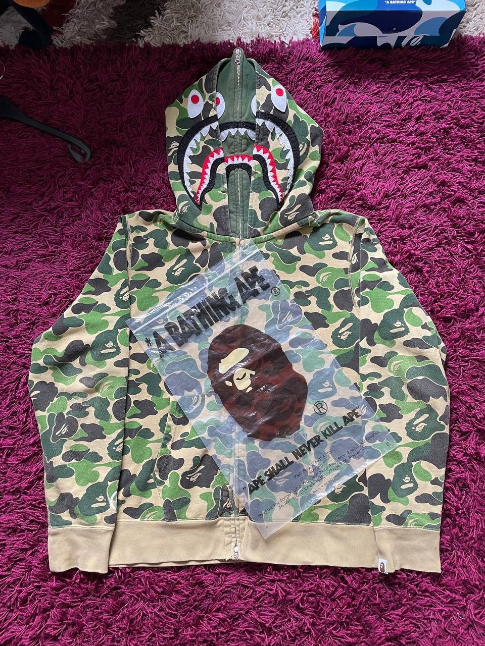 Image of Bape Abc Camo Shark Full Zip Double Hoodie in Green, Men's (Size XL)