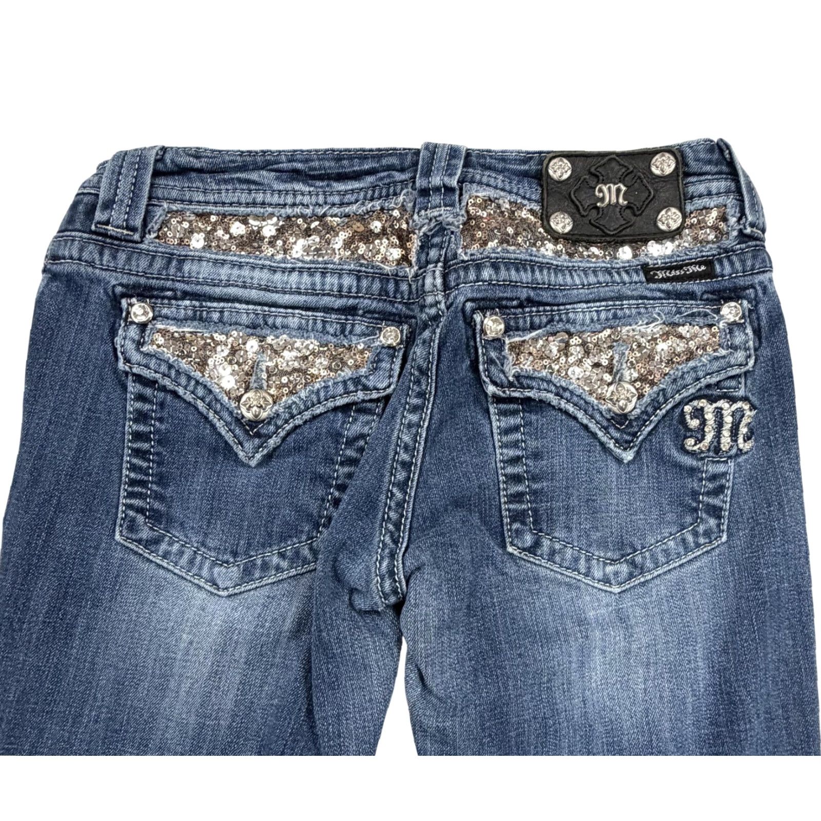 Miss Me Miss Me Jeans Womens 29 Blue Bootcut Sequin Rhinestone Flap Pockets JES731BR Size 29" - 2 Thumbnail