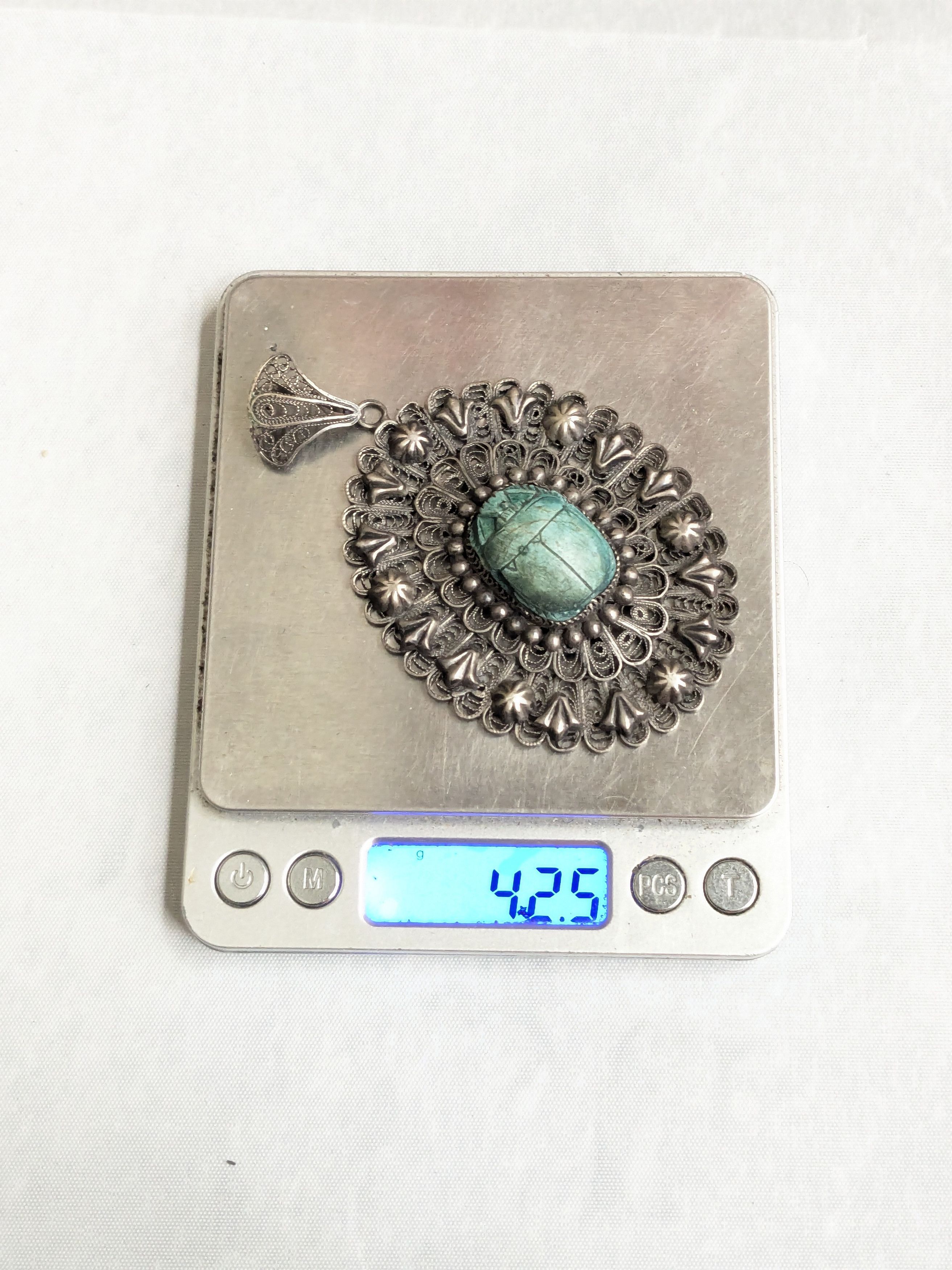 Jewelry Egyptian Silver Scarab Pendant Filigree Faience Blue Oval Size ONE SIZE - 14 Thumbnail