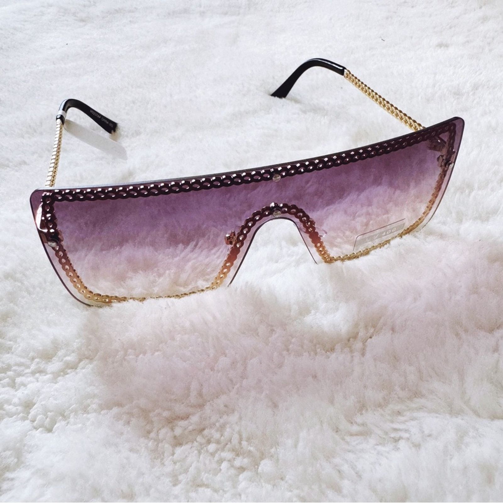 Other Christine Purple & Gold Chain Oversized Shield Sunglasses Size ONE SIZE - 8 Thumbnail