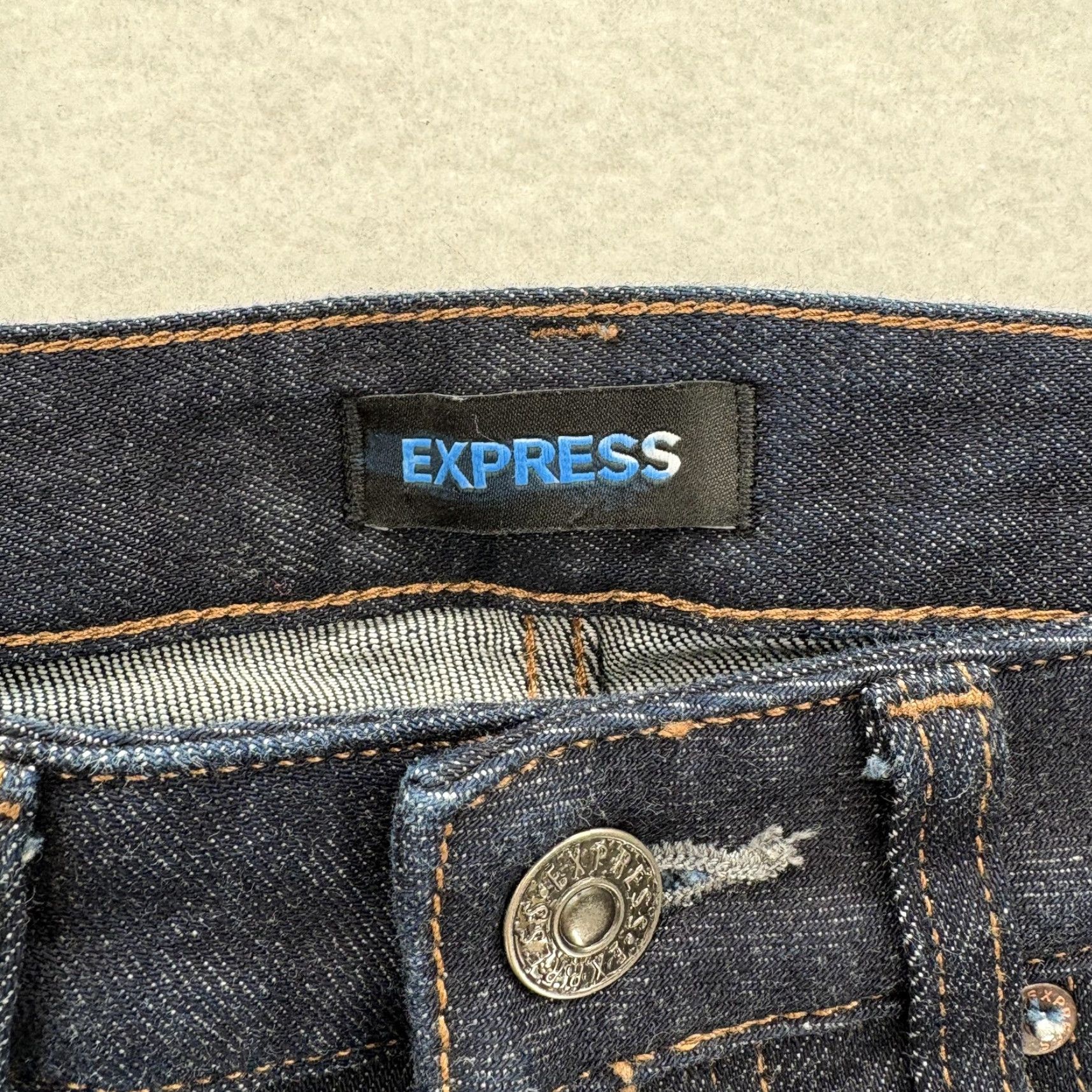 Express Express Jeans Mens 30x32 Dark Wash Blue Slim Fit Selvedge Denim Button Fly Pants Size US 30 / EU 46 - 5 Thumbnail