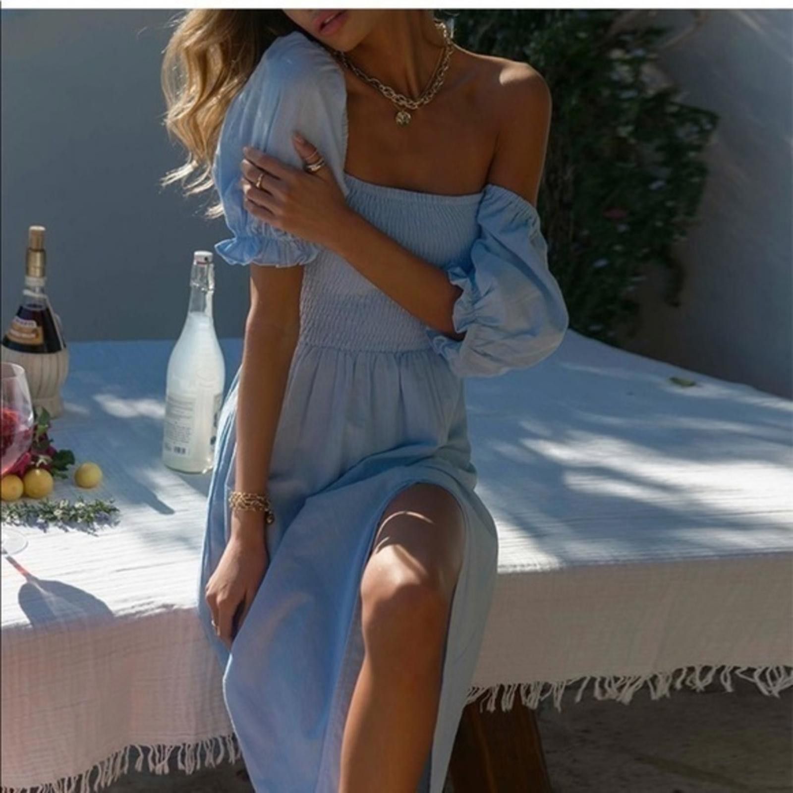 Designer Baby Blue Picnic Dress Off The Shoulder NWT Size S / US 4 / IT 40 - 2 Thumbnail