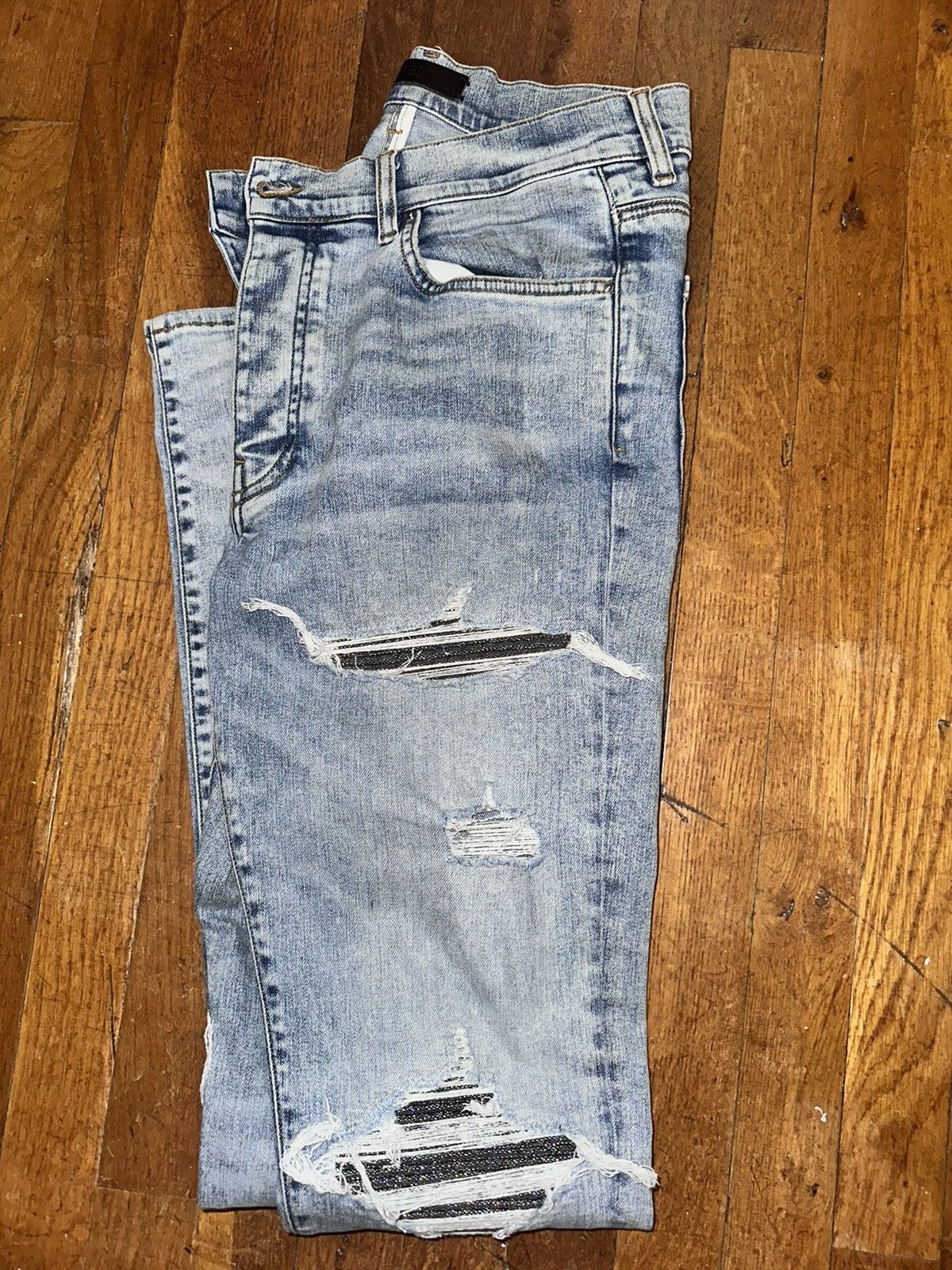 image of Amiri Mx1 Iridescent Patch Jeans Light Vintage Indigo in Blue, Men's (Size 34)