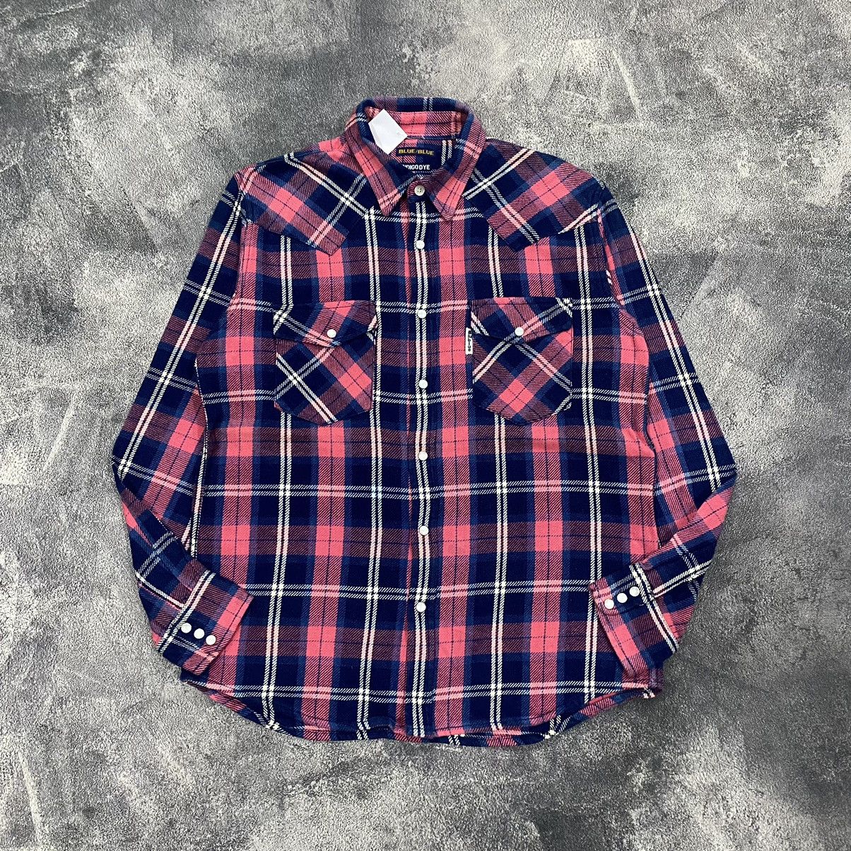 image of Vintage Blue Blue Japan Check Western Flannel Pearl Button in Plaid, Men's (Size Medium)