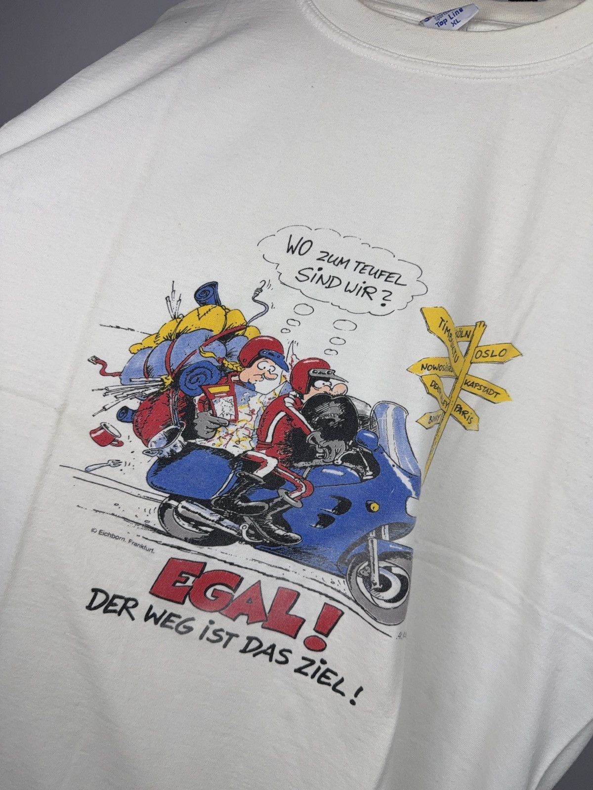 Vintage 90s Moto Mania Motorrad Comic Graphic T-Shirt German Moto Size US XL / EU 56 / 4 - 6 Thumbnail