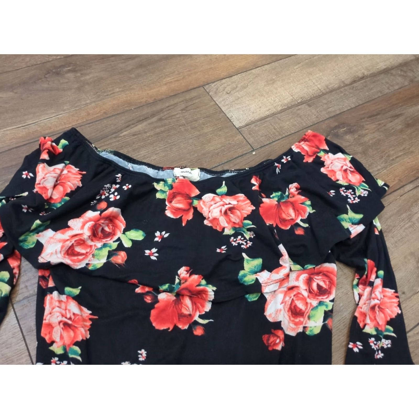 Vintage Marci Blouse 2XL Black w/ Flowers Long Sleeve Ruffled Bodysuit Women's Club Feminine Party Nightwear Dressy Shirts Size XXL / US 16-18 / IT 52-54 - 2 Thumbnail