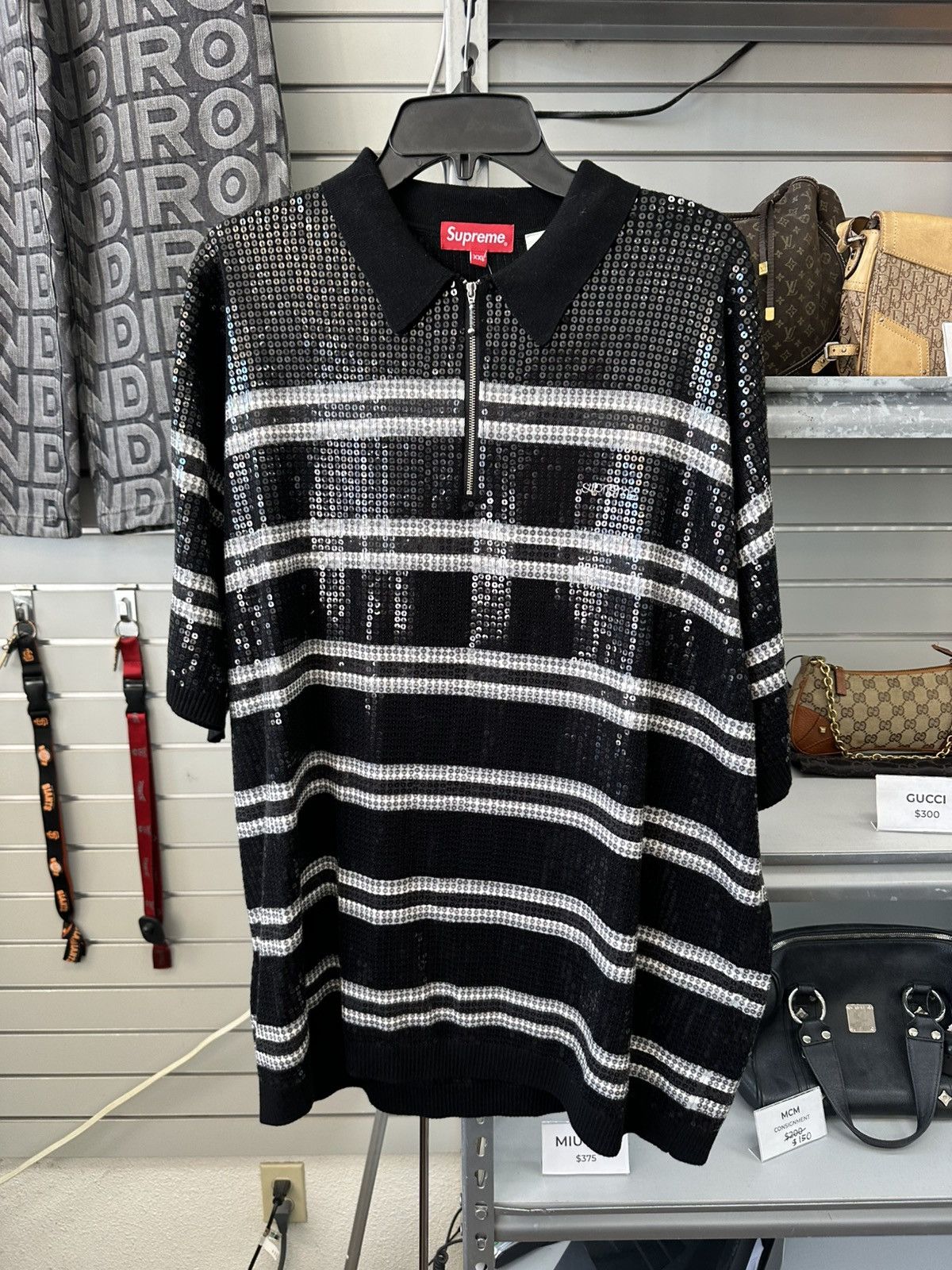 Supreme Supreme Sequin Stripe Zip Polo Blue | Grailed