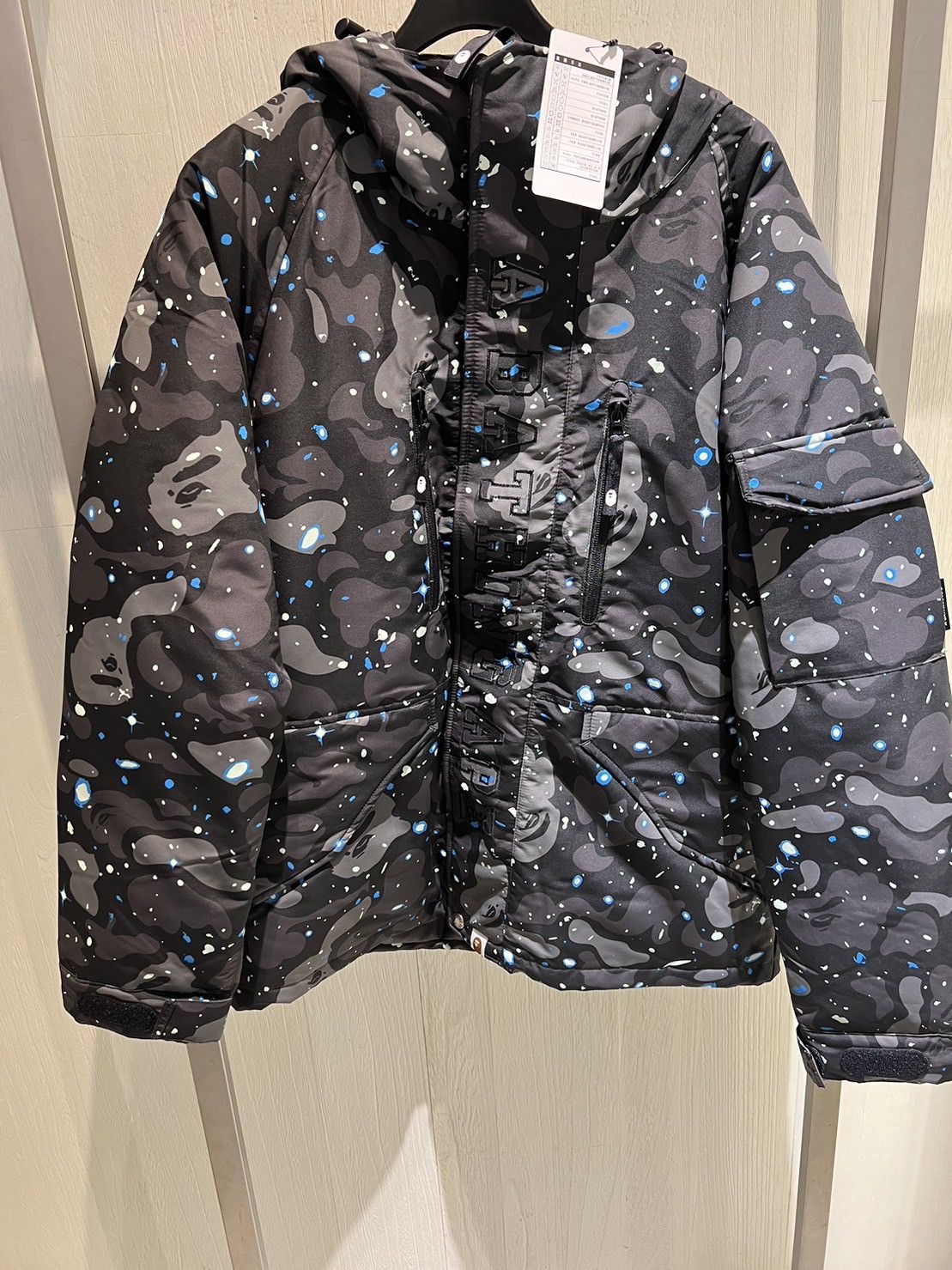 image of Bape Space Camo Military Loose Fit Hoodie Down Jacket in Black, Men's (Size XL)