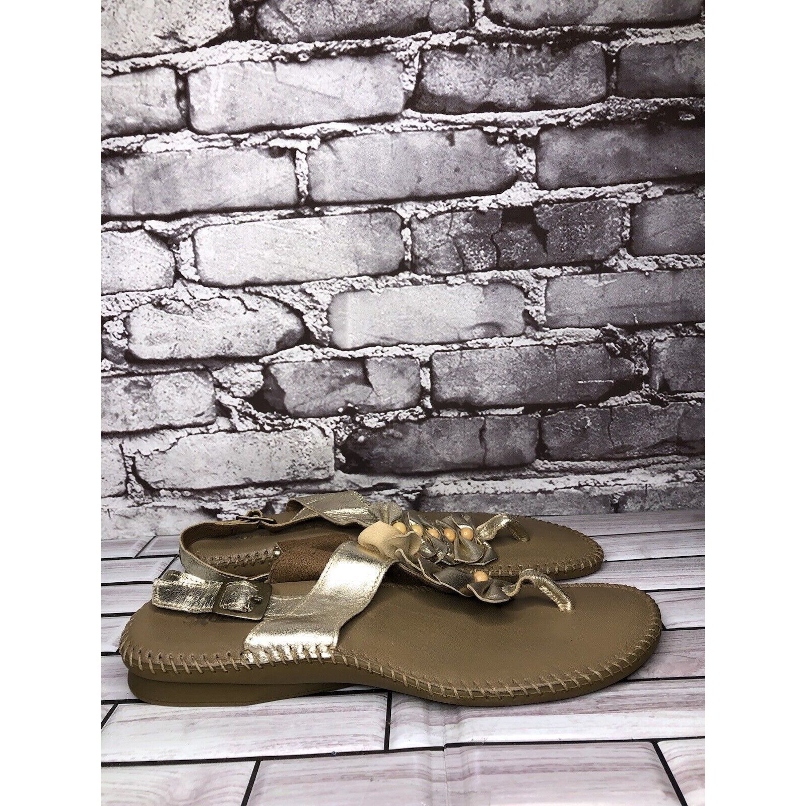 LITTLE AFRICA Soul of Africa Brown Leather Flower Ruffle Slingback Sandals Size US 11 / IT 41 - 5 Thumbnail