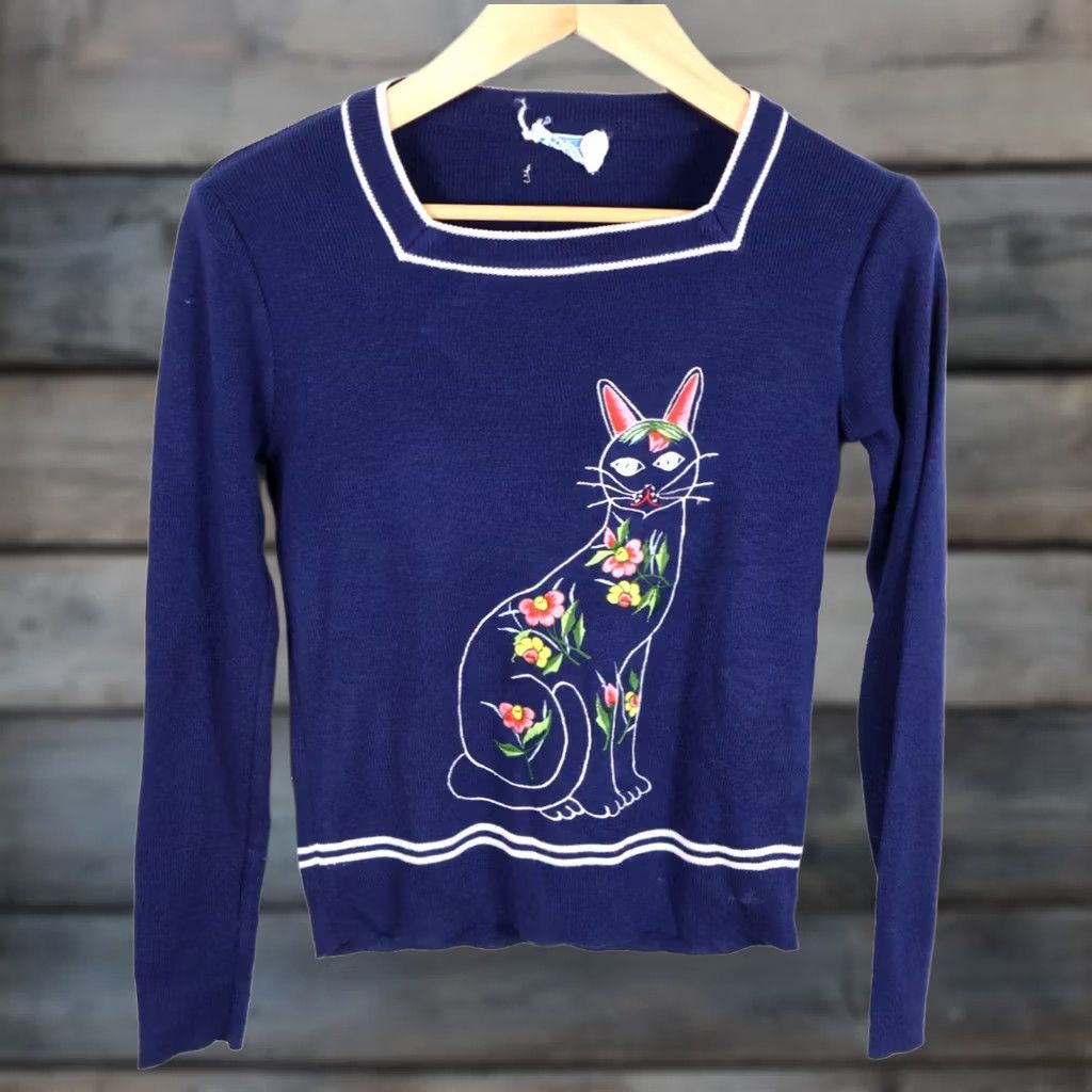 Vintage VINTAGE Leroy Knitwear Cat Embroidery Sweater Women XS Dark Blue Acrylic Knit Floral VTG Size S / US 4 / IT 40 - 1 Thumbnail