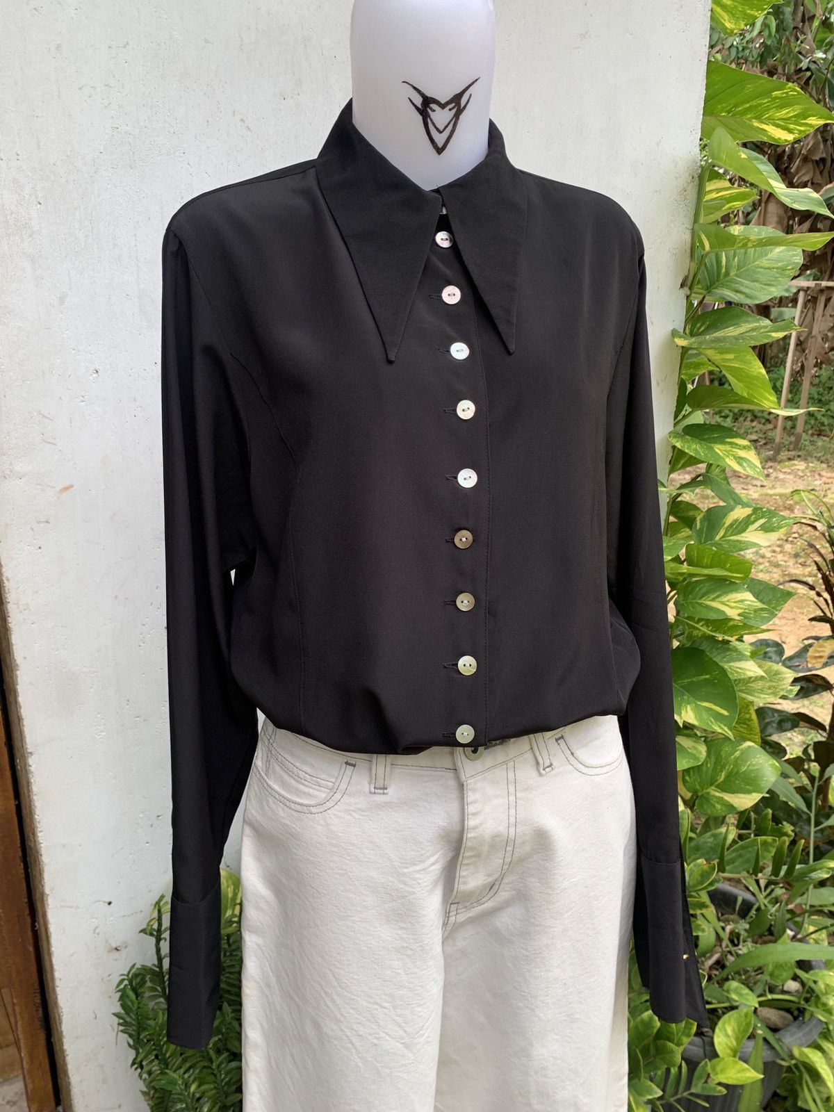 Japanese Brand 2000s LEOWALTZ Black Silk Goth Dressy Top Shirt Size M / US 6-8 / IT 42-44 - 2 Thumbnail