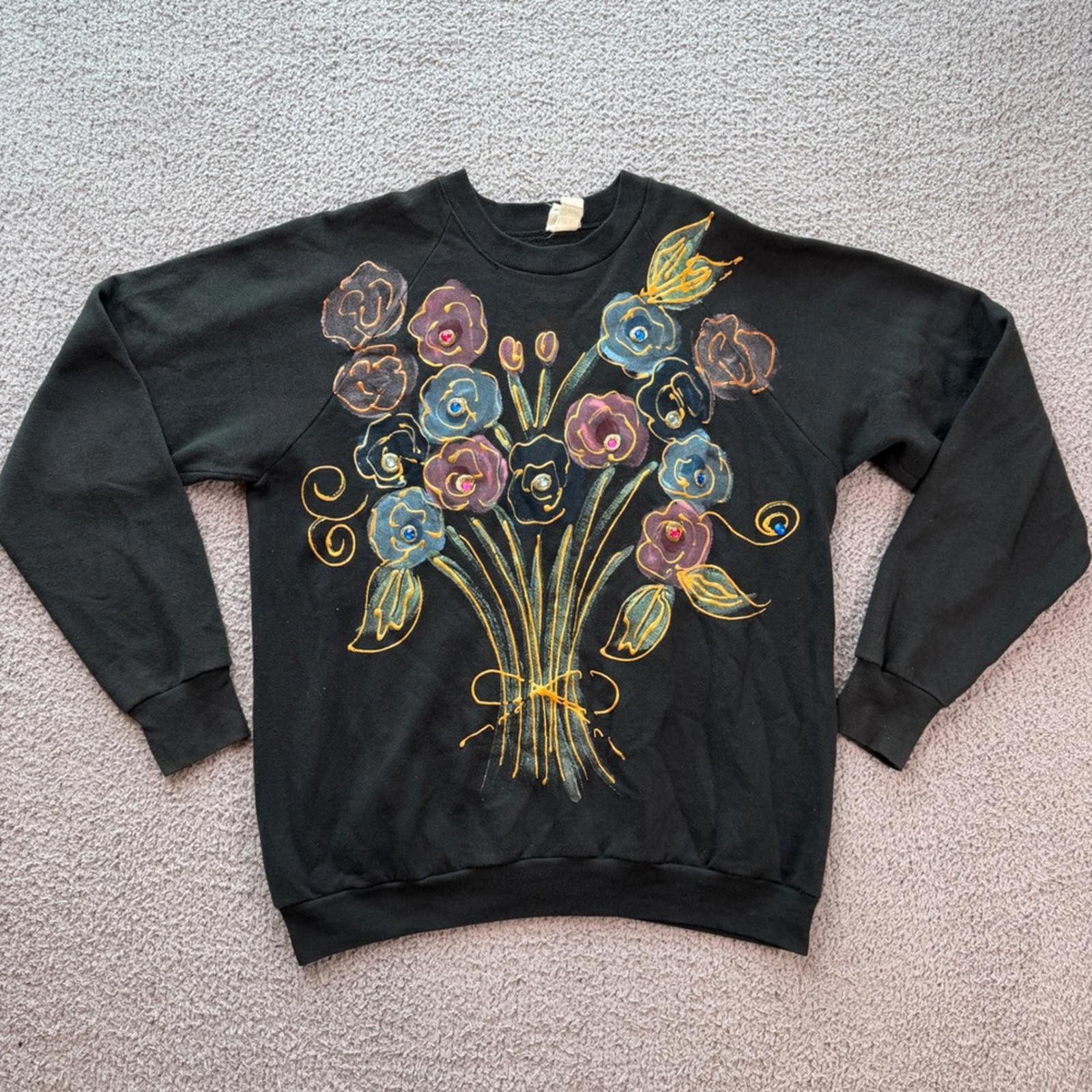 Other Vintage 80s Hand Painted Floral Paint Sweatshirt XL Black Size XL / US 12-14 / IT 48-50 - 1 Thumbnail