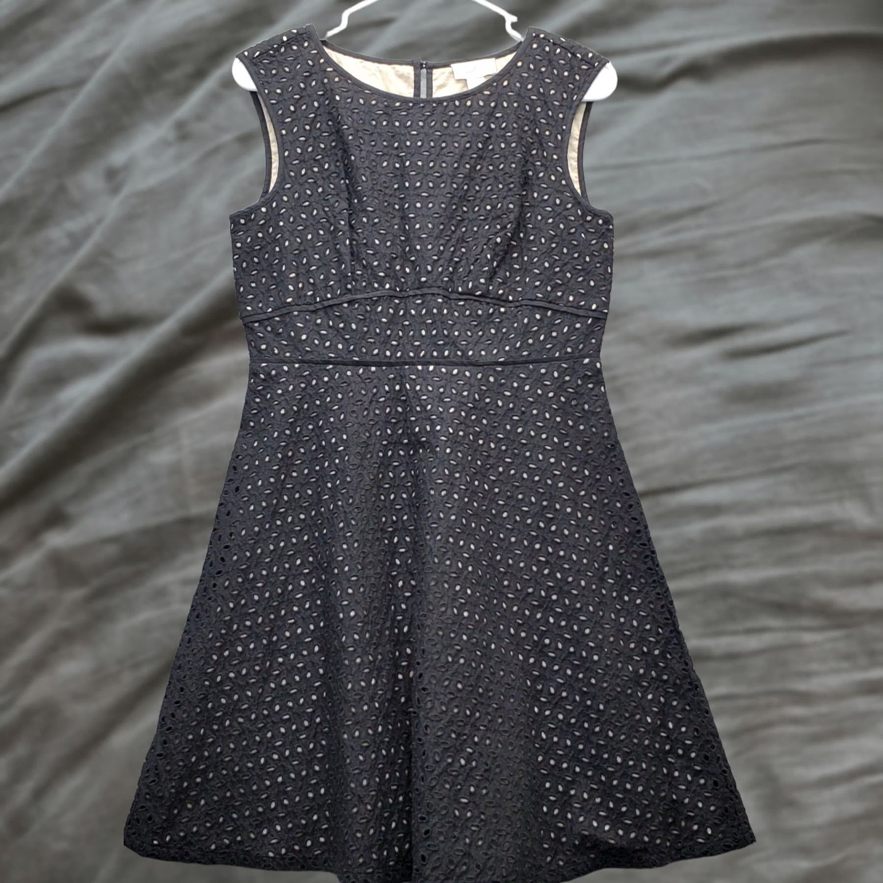 Loft LOFT Womens 4P Black Sleeveless A-Line Dress Zip Round Neck Lined Eyelet Midi Casual Party/Cocktail Shirt Dress Womens Size 4P Black Size S / US 4 / IT 40 - 1 Thumbnail