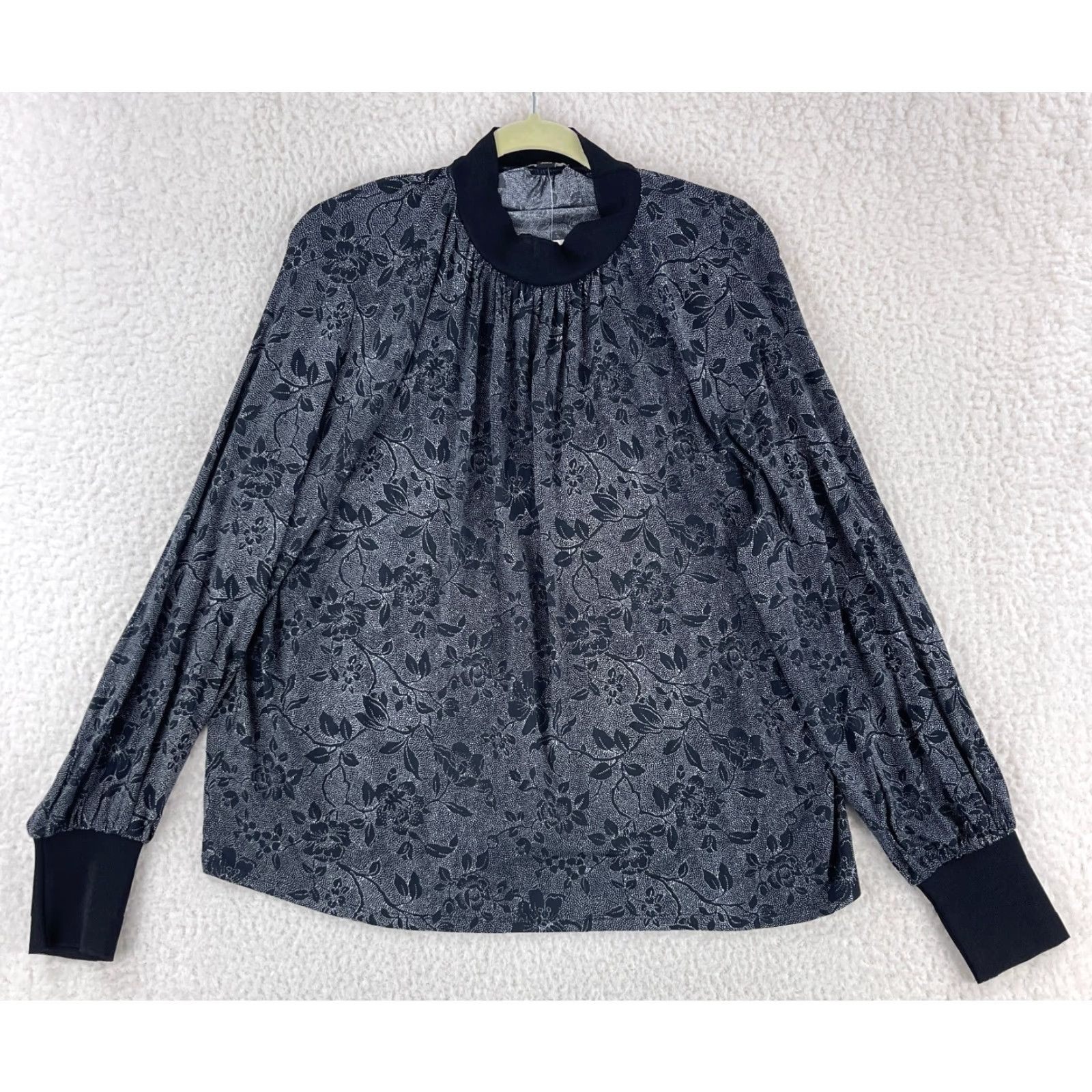 Ann Taylor Ann Taylor Black Floral Mock Neck Long Sleeve Shirt Womens Large Pullover Work New Size L / US 10 / IT 46 - 2 Thumbnail