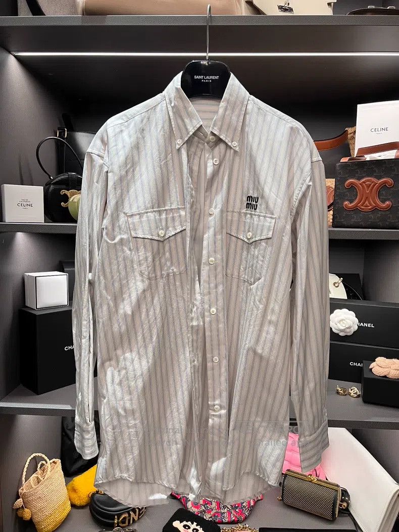 Miu Miu Miu Miu 36 Striped letter embroidered Polo long sleeve shir Size S / US 4 / IT 40 - 2 Thumbnail