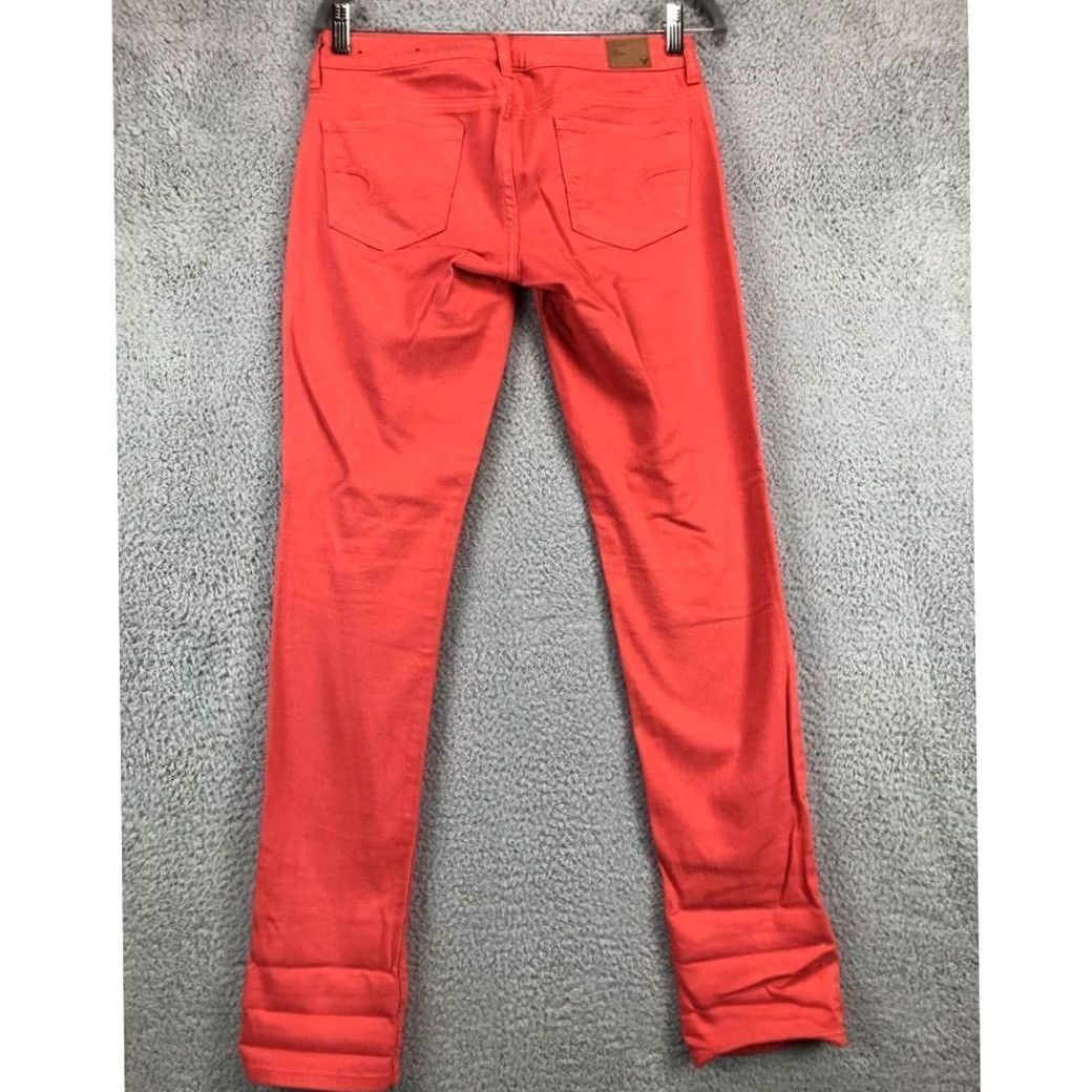 Vintage American Eagle Jeans Women 2 Orange Denim Skinny Stretch Low Rise Button Waist 30 Inseam 32 Ladies Size 26" / US 2 / IT 38 - 2 Thumbnail