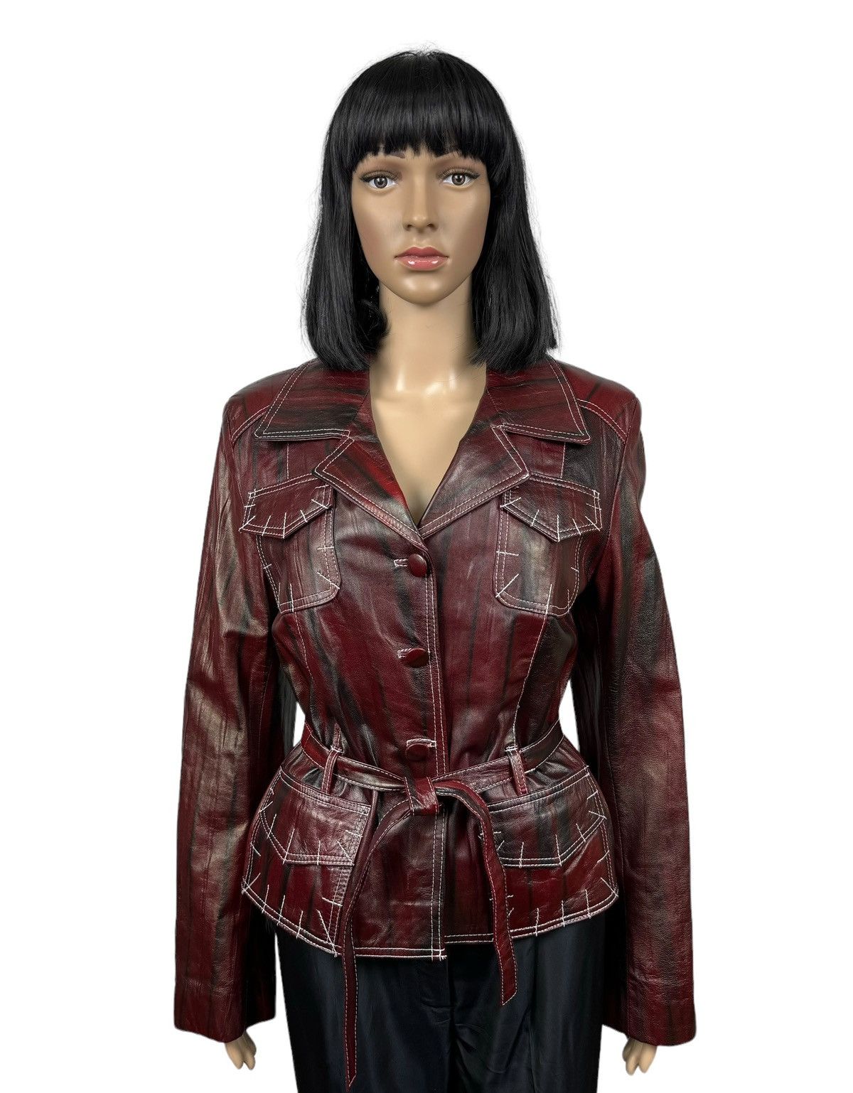 image of Ya&ka Genuine Leather Jacket Belted Size L in Red, Women's