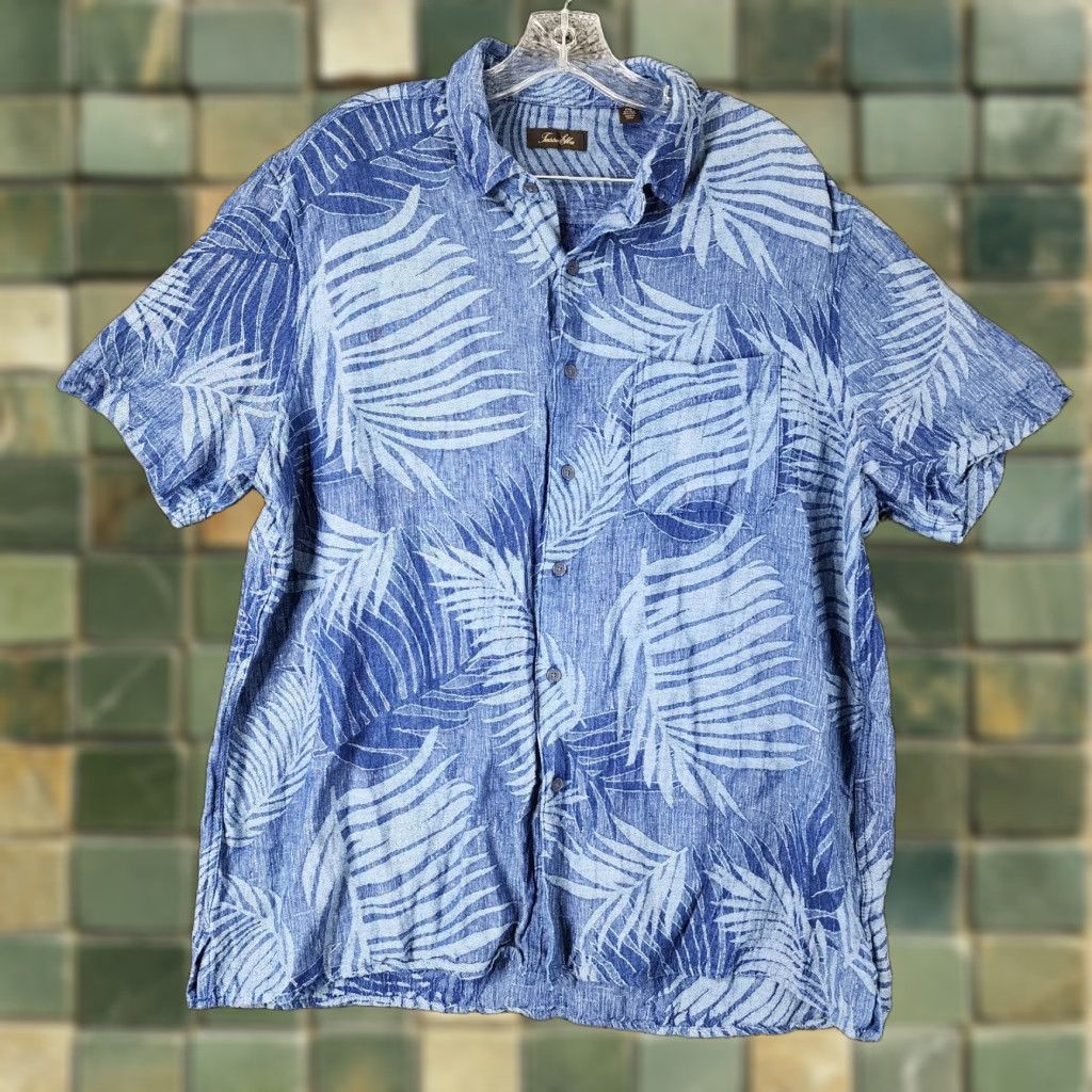 Tasso Elba VINTAGE Tasso Elba Men's Short Sleeve Shirt 2XL Blue Floral 55% Silk Button-Up Men Size US 39 - 1 Thumbnail