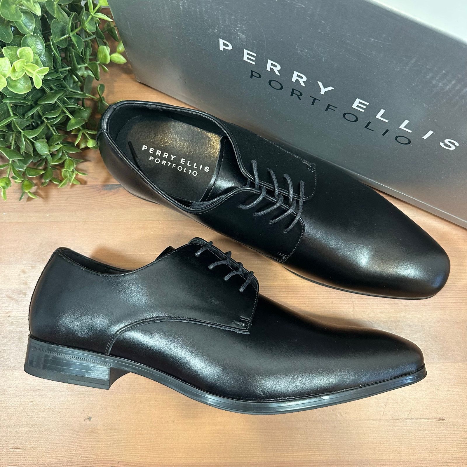 Perry Ellis Portfolio Black Leather Oxfords Shoes Size 12, Men's