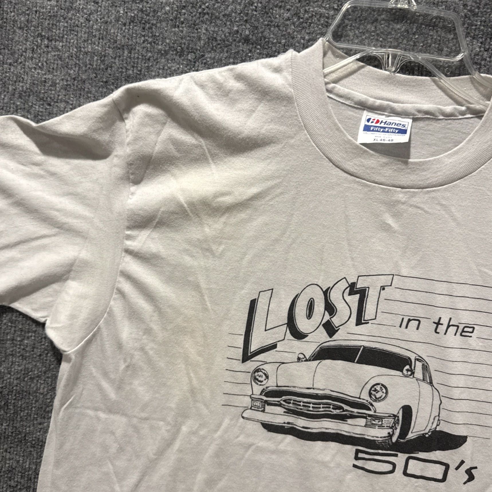Hanes VINTAGE 80s LOST IN THE 50s Car Enthusiast Gray Short Sleeve T-Shirt STAINED Hanes XL Mens Size US XL / EU 56 / 4 - 4 Thumbnail