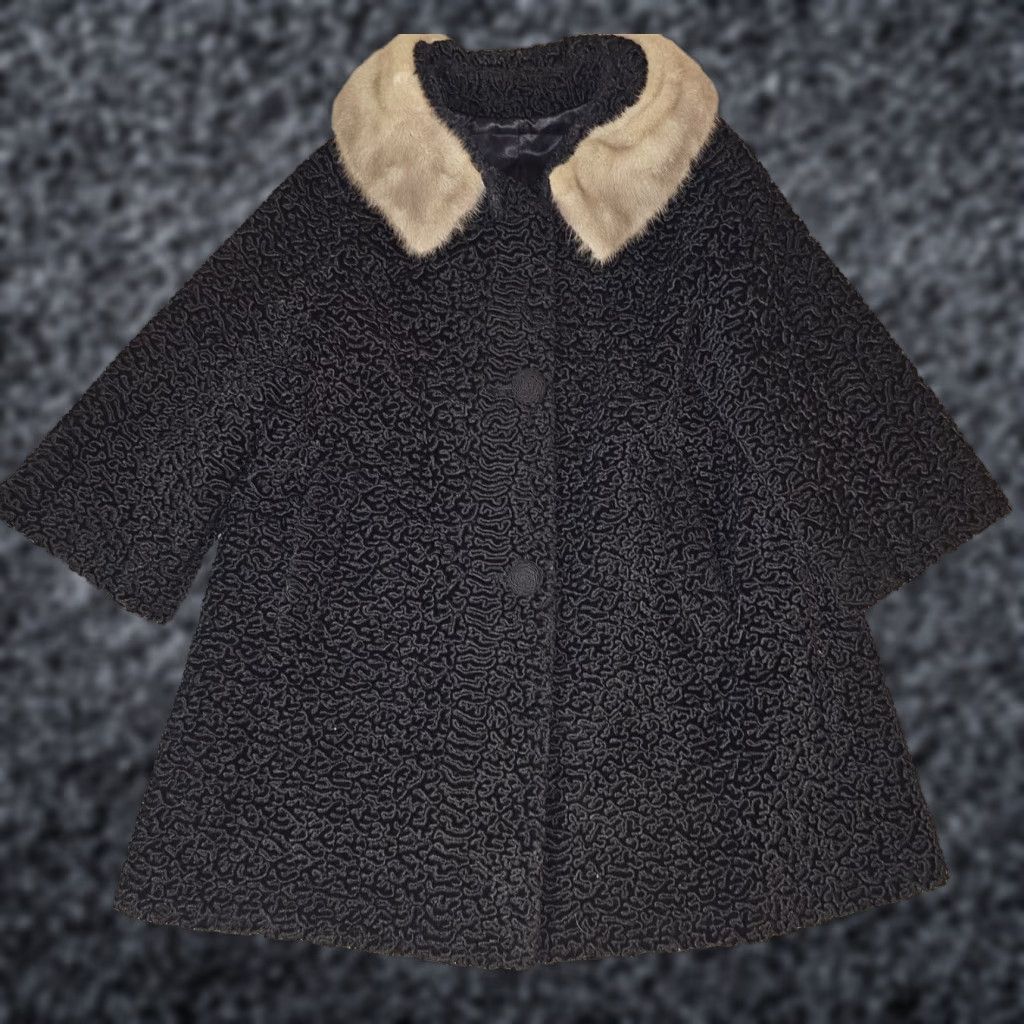 Vintage VINTAGE Lou Nierenberg Parisienne Black Brocade Fur Collared Overcoat Coat L/XL Adults Mens Womens 1960s Swing Cocktail fur Mink Button Up Size L / US 10 / IT 46 - 1 Thumbnail