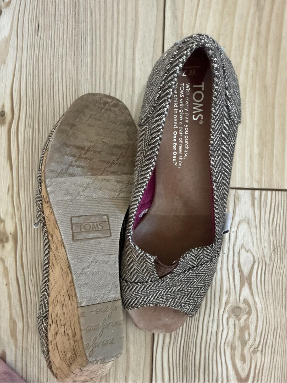 Toms TOMS Brown Herringbone Cork Wedge Peep-Toe Shoes Size US 7 / IT 37 - 3 Thumbnail