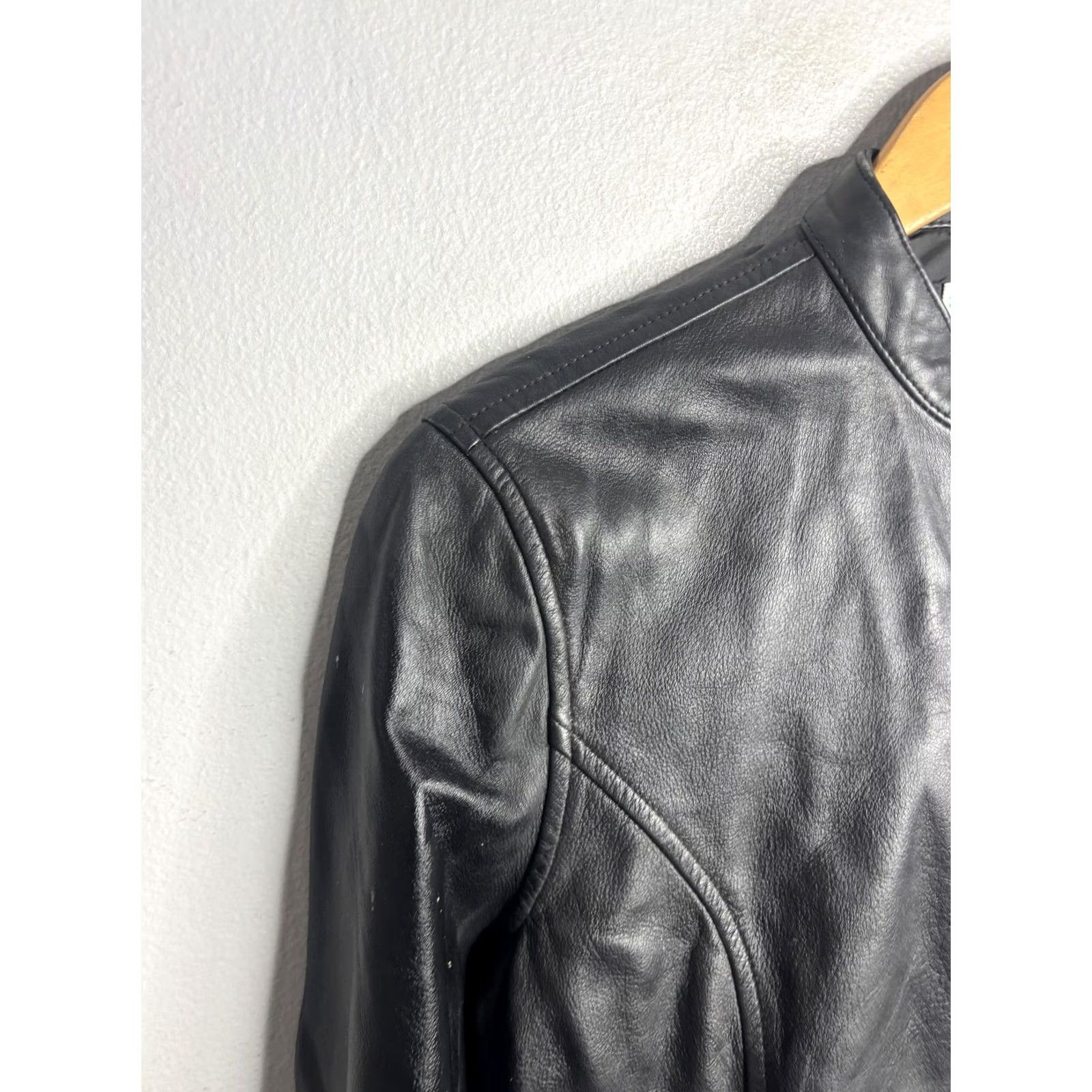 Vintage Calvin Klein Jeans Jacket Womens Medium Black Leather Moto Full Zip Biker Collar Size 32" / US 10 / IT 46 - 2 Thumbnail