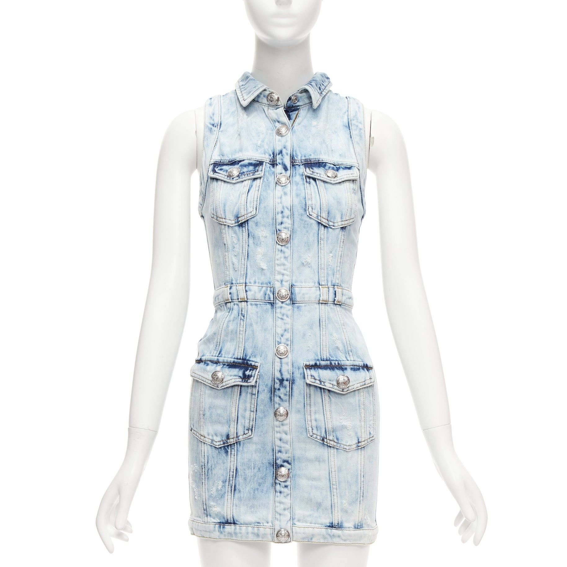 Balmain BALMAIN faded blue distressed denim silver buttons 4 pocket fitted dress FR34 XS Size XS / US 0-2 / IT 36-38 - 1 Thumbnail