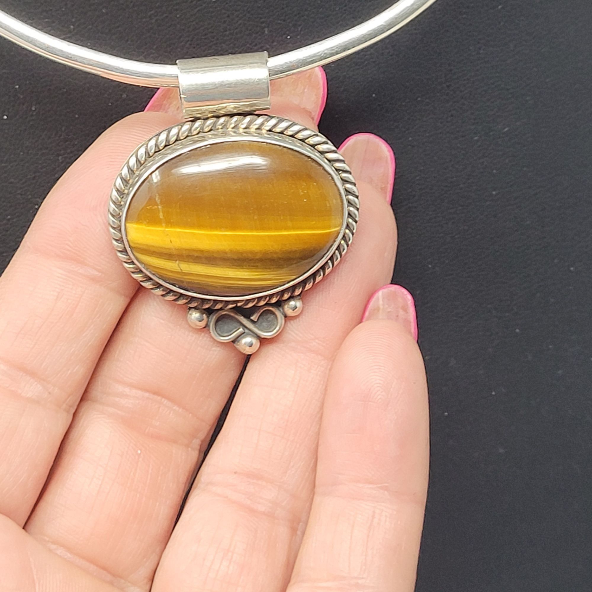 Handmade Signed 925 Artisan Tigers Eye Oval Pendant Silver Torque Cho Size ONE SIZE - 3 Thumbnail