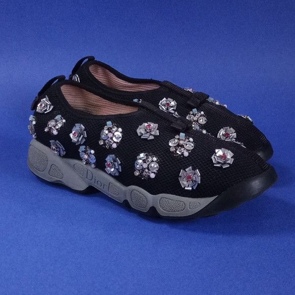 image of Dior Black Sequins Embellished Mesh Fusion Slip-On Sneakers in Black Gray, Women's (Size 4)
