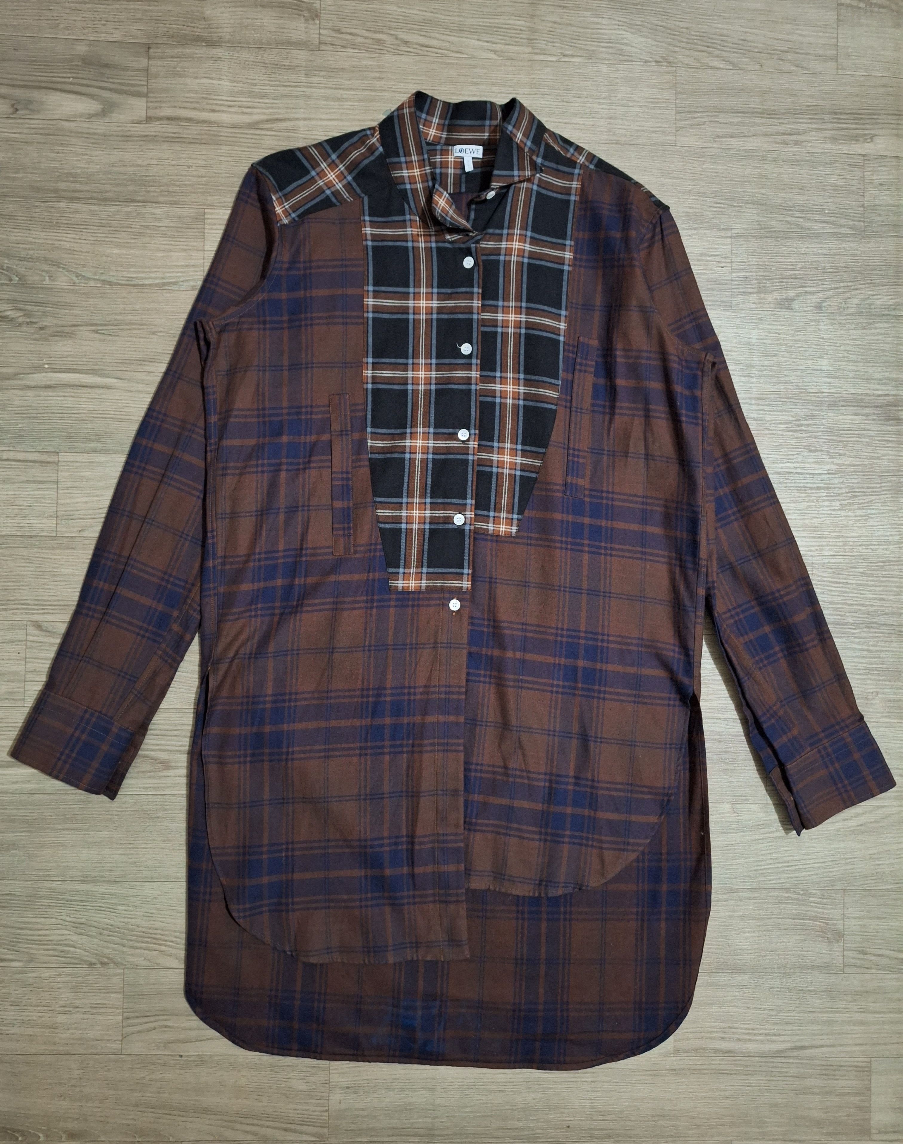 image of Loewe - Assymetric Check Patchwork Shirt in Brown Check, Women's (Size Small)