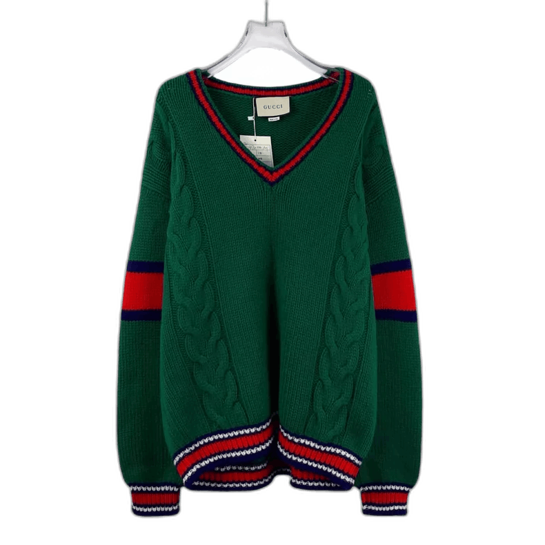 Gucci Green Cable Knit VNeck Sweater-2505 Size M / US 6-8 / IT 42-44 - 1 Thumbnail