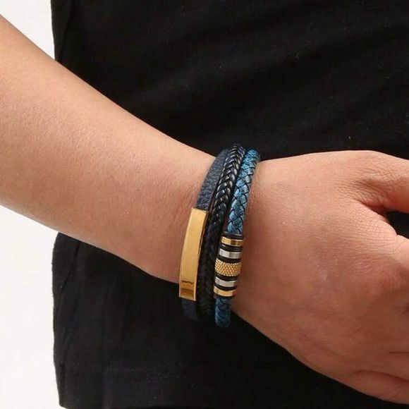 Other Men Stainless Steel Three-Layer Braided Leather Bracelet Size ONE SIZE - 2 Thumbnail