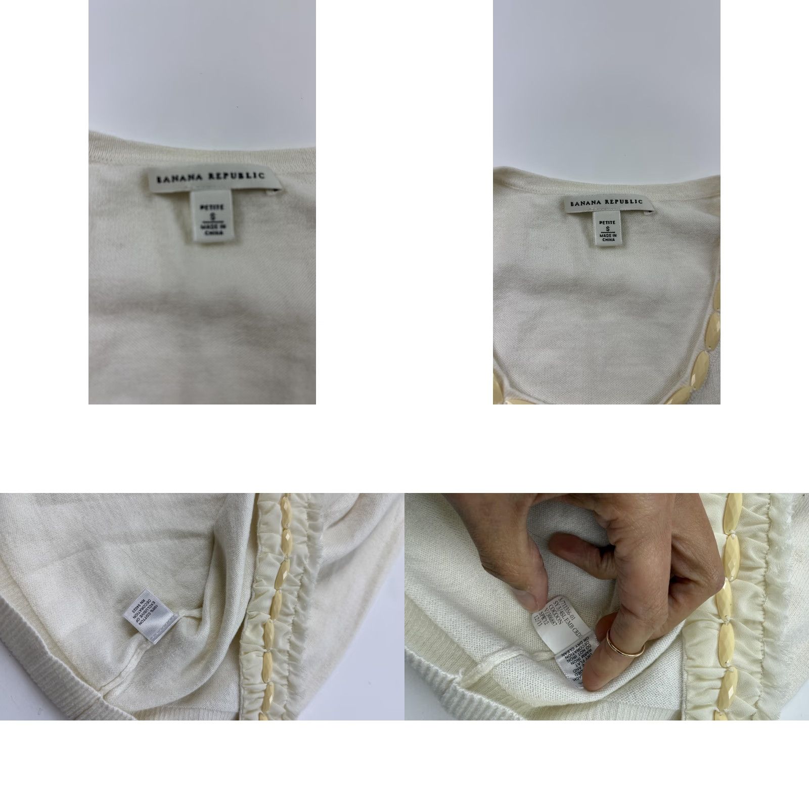 Banana Republic Banana Republic Cardigan Sweater Womens Petite Small Ivory Beaded Open Front Long Sleeve Ruched Trim Size S / US 4 / IT 40 - 8 Thumbnail