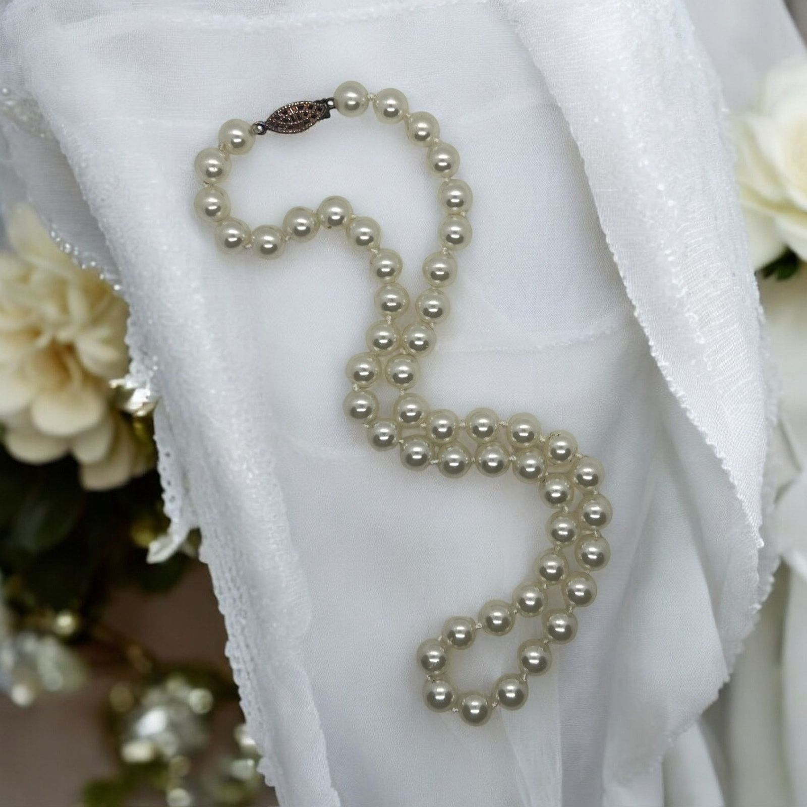 Other Vintage Faux Pearl Necklace-18''-Knotted-8mm Beads-Filigree Size ONE SIZE - 1 Thumbnail