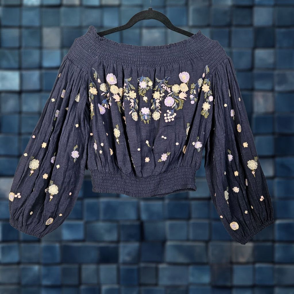 Free People Free People blouse Shirt Womens S Navy Floral Embroidered Off Shoulder Saachi Smocked Blue Cotton Blend Top Size S Size S / US 4 / IT 40 - 1 Thumbnail