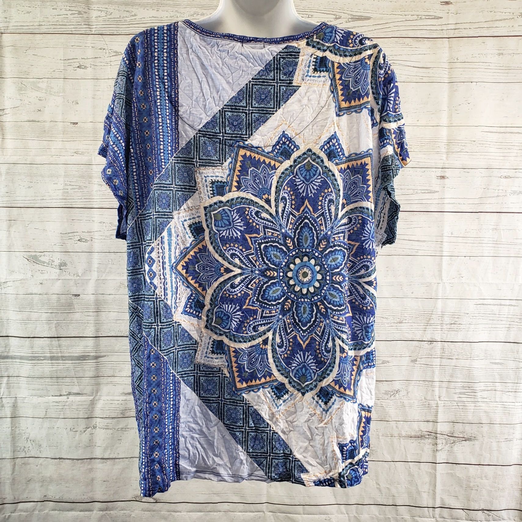 Vintage Chico's Womens Top Blouse Short Sleeve Scoop Neck Blue White Mandala Print Size L Large Shirt Ladies Mens Womens Size L / US 10 / IT 46 - 4 Thumbnail