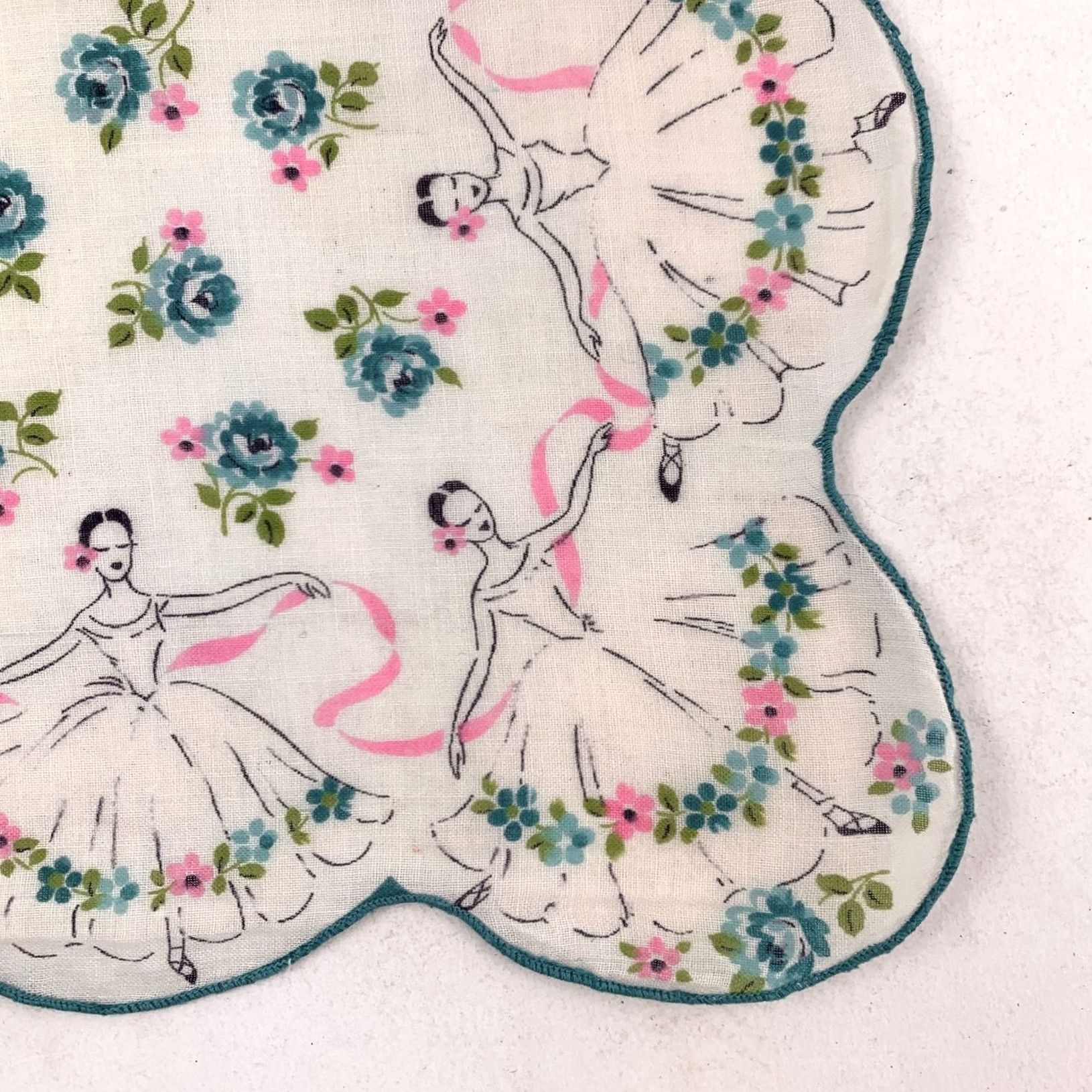 Vintage VINTAGE Handkerchief Ballerina Floral Scalloped White Teal Pink Fabric 12 x 12 Women Size ONE SIZE - 2 Thumbnail