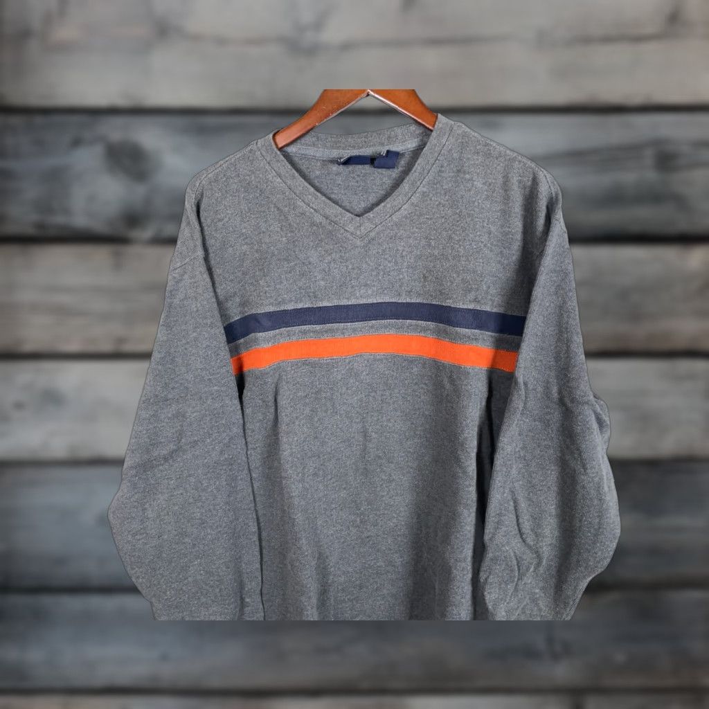 Route 66 VINTAGE Route 66 Sweater Shirt Adult Large Gray Orange Blue Striped Knit V-Neck 1990s Punk Retro Mens Size US L / EU 52-54 / 3 - 1 Thumbnail