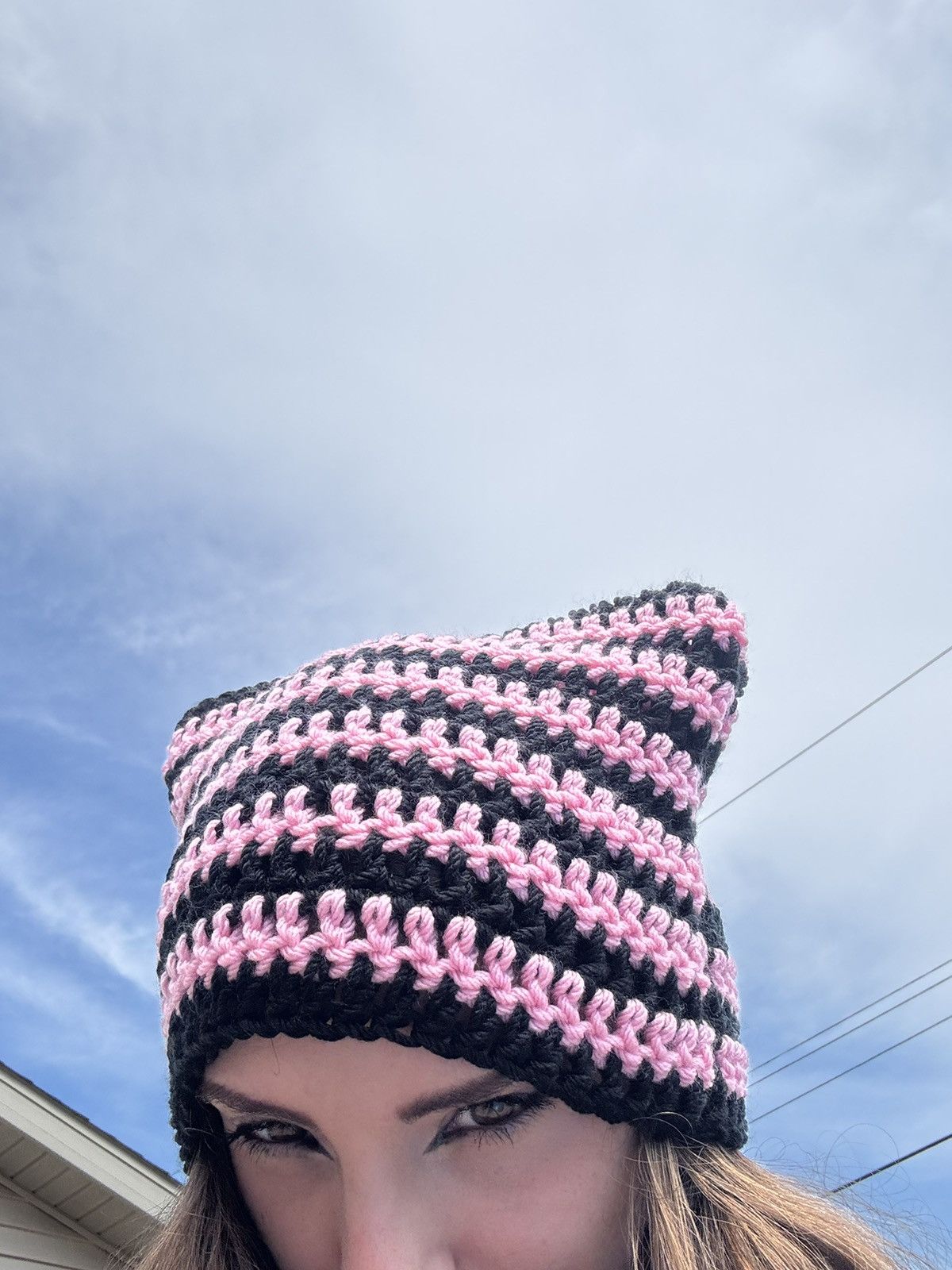 Handmade Crochet Cat Beanie - Black & Pink Size ONE SIZE - 2 Thumbnail